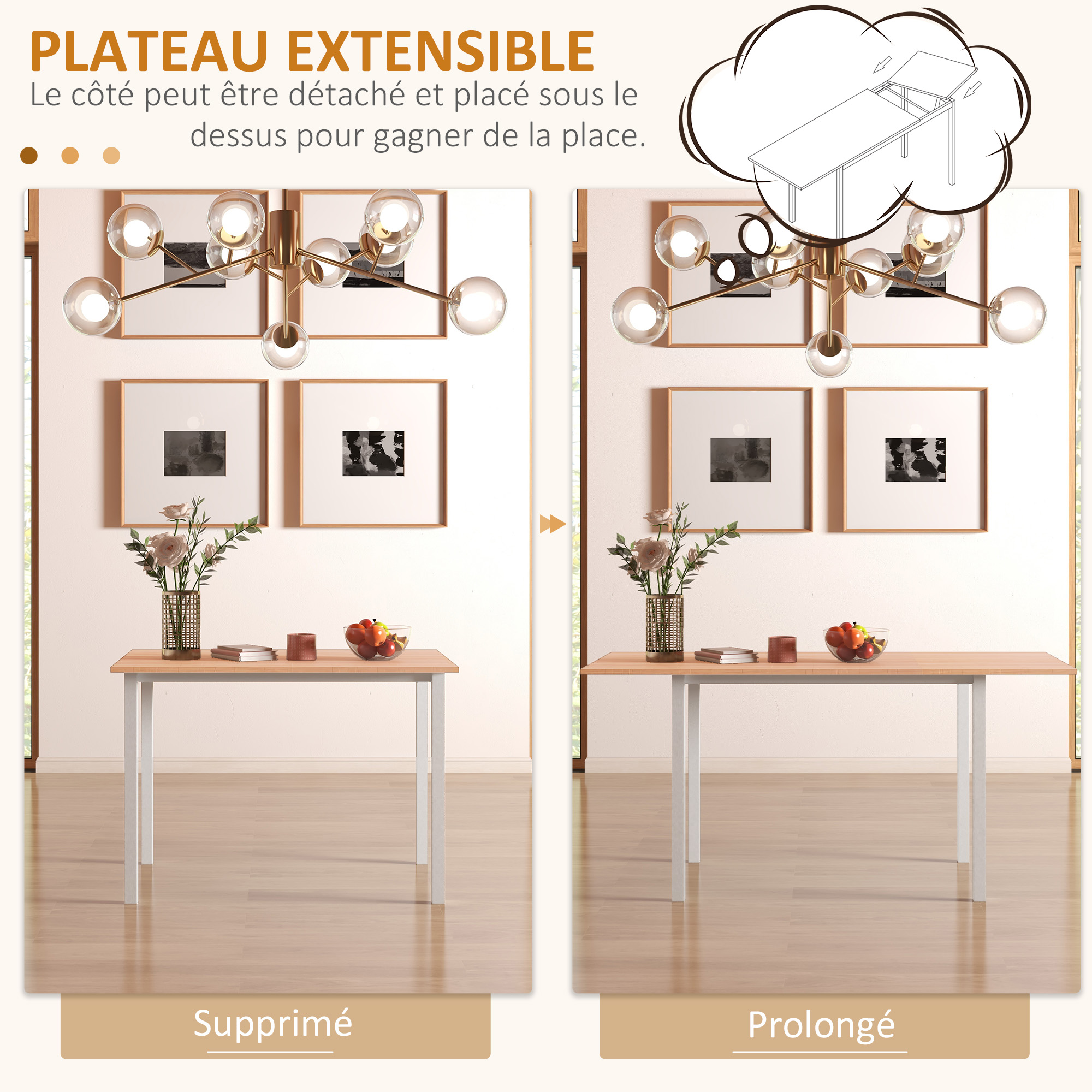 Ausziehbarer Esstisch, modernes Design, Küchentisch mit großer Tischplatte für 6 Personen, dunkelbraunes Stahlgestell_voghion.com