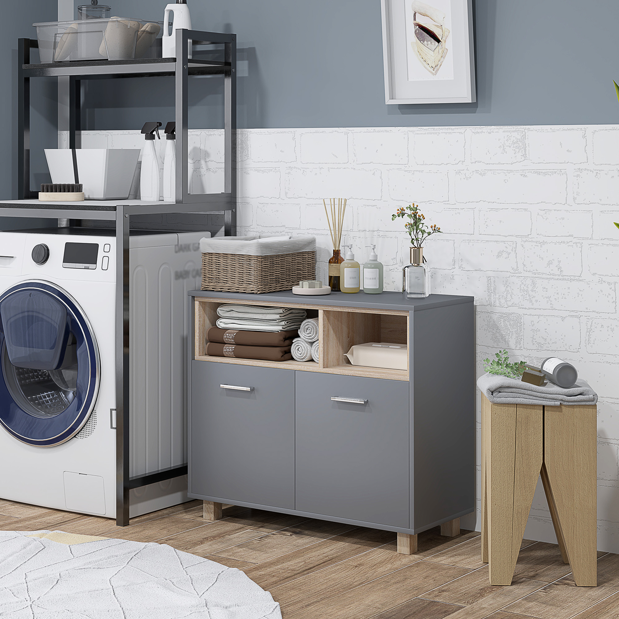 Badezimmerschrank, modernes Aufbewahrungsmöbel mit offenen Fächern und Doppeltüren_voghion.com