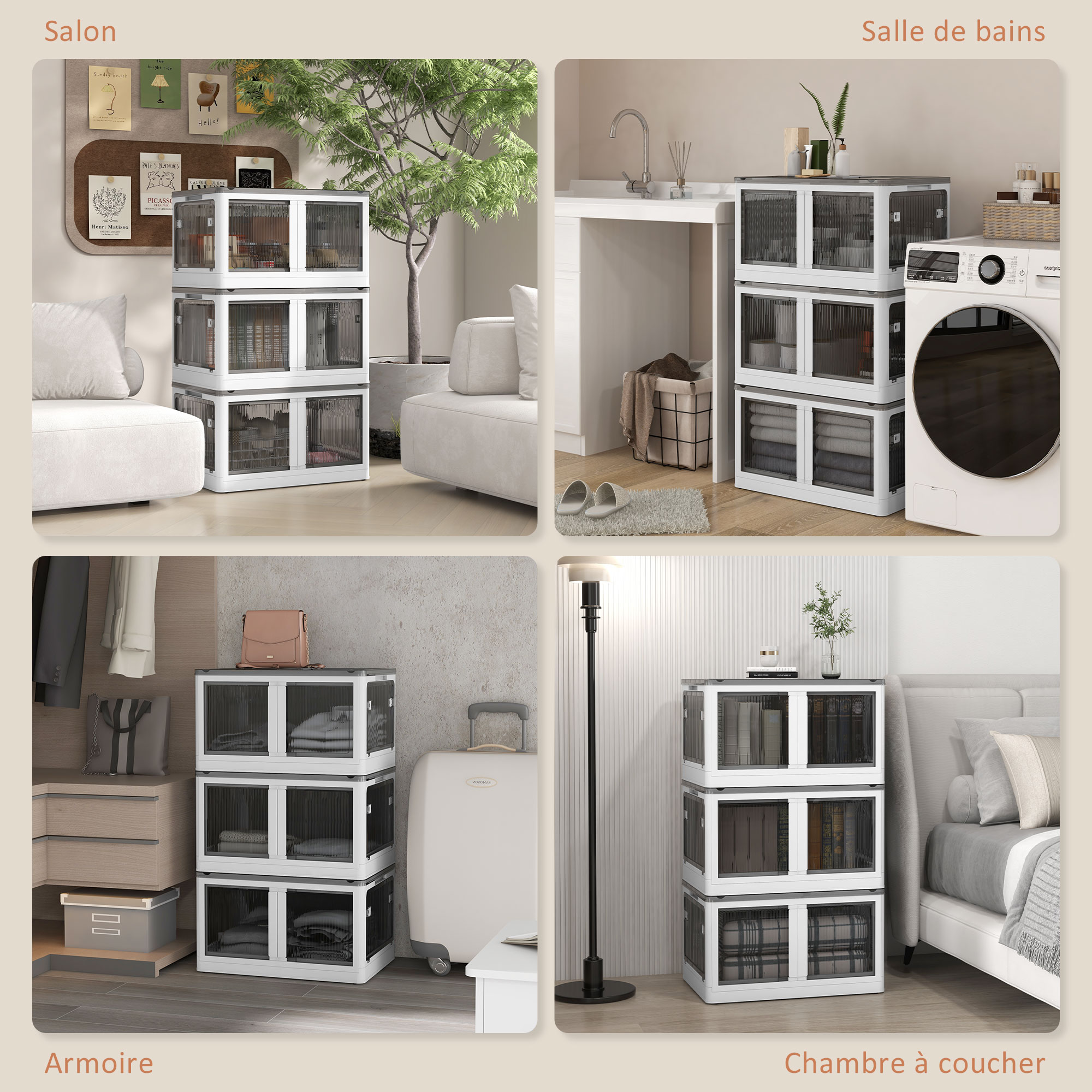 Faltbare und stapelbare 69-Liter-Aufbewahrungsboxen aus Kunststoff mit Deckel und 4 Rollen, 5-seitiger Zugriff, weiß_voghion.com