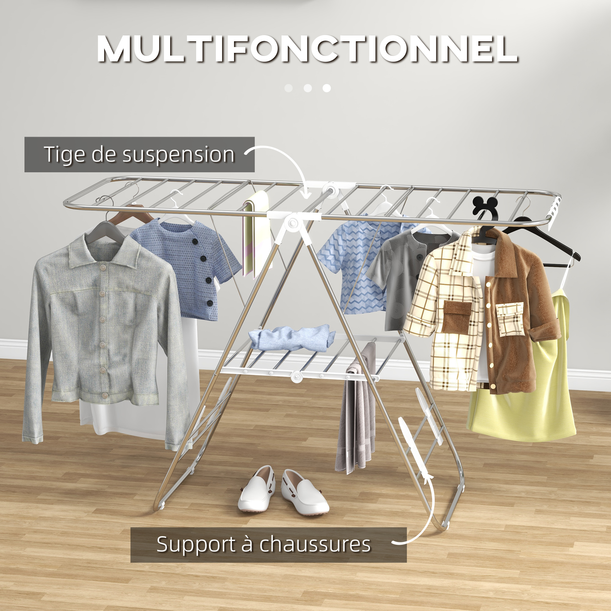 Zusammenklappbarer Wäscheständer, 2 verstellbare Ebenen, 148 cm (B) x 60,5 cm (T) x 98 cm (H)_voghion.com