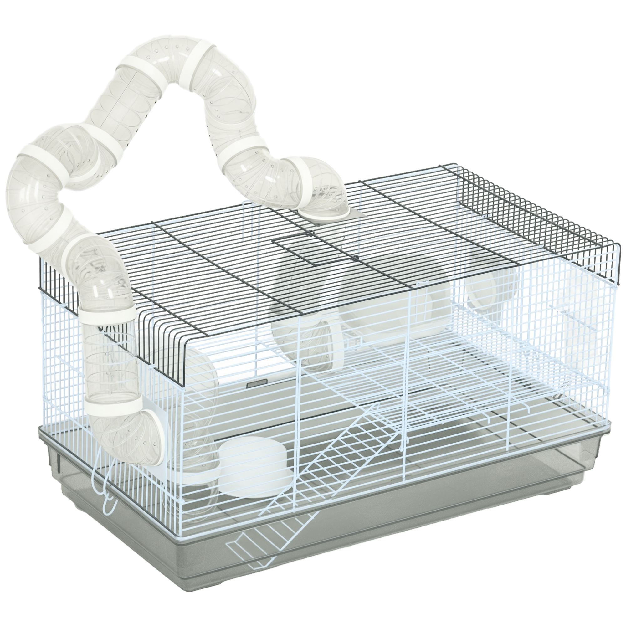 Small Animal Cage for Gerbil or Dwarf Hamster w/ Tubes, Exercise Wheel, Food Dish, Water Bottle, 23" x 13" x 12", Gray