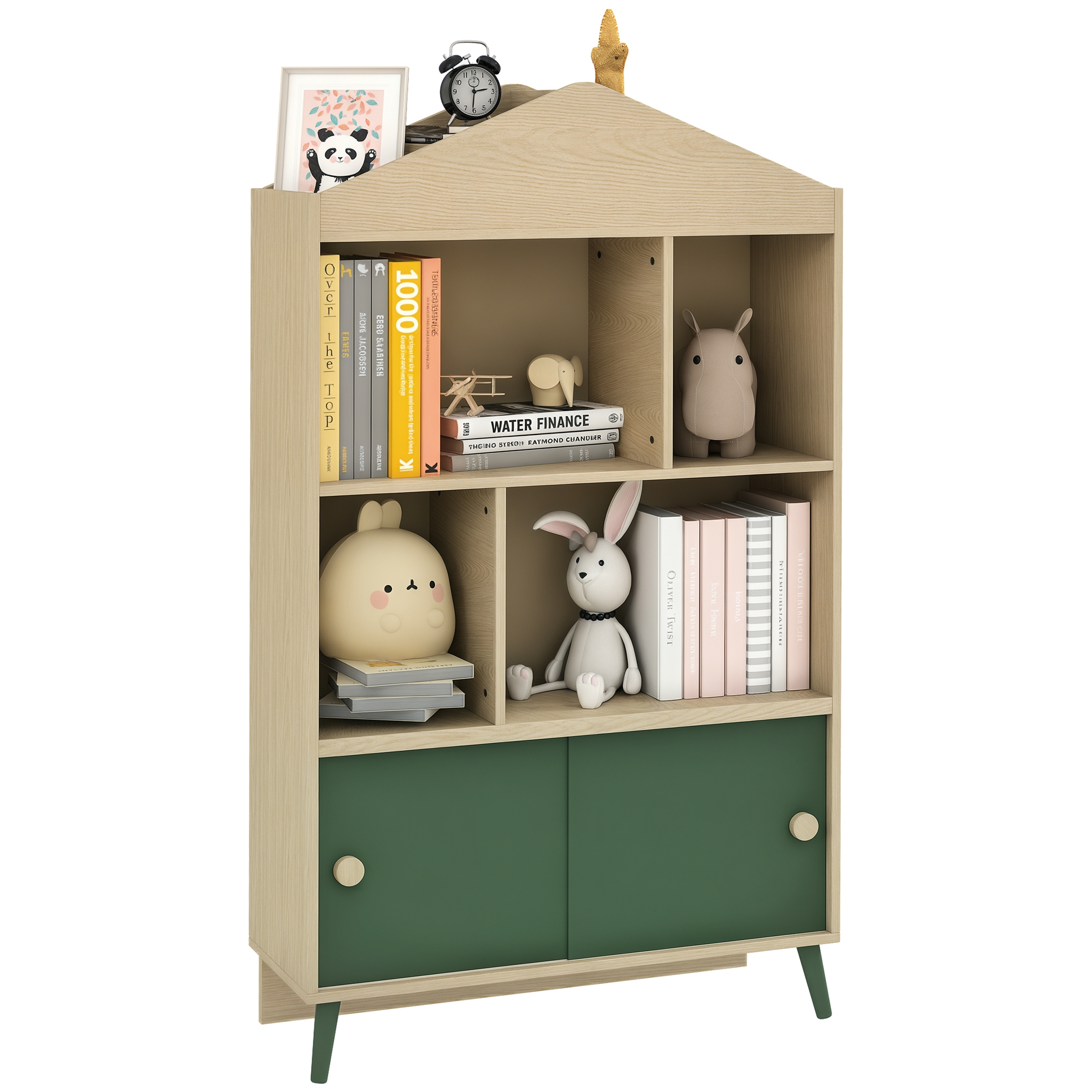 Bibliothèque Et Meuble De Rangement Jouets Pour Enfants. 4 Étagères Et Placard Porte Coulissante. Design. Vert_voghion.com
