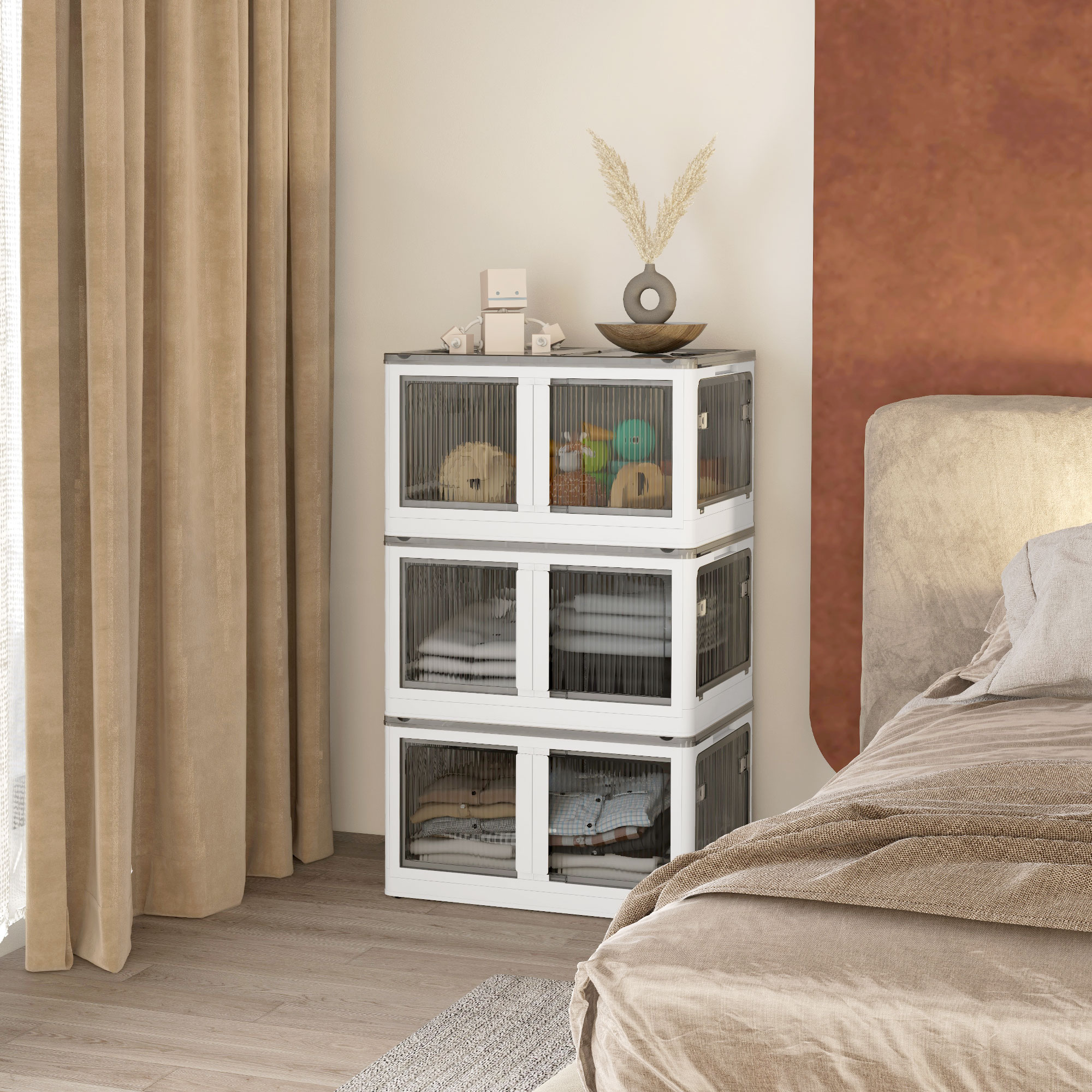 Faltbare und stapelbare 69-Liter-Aufbewahrungsboxen aus Kunststoff mit Deckel und 4 Rollen, 5-seitiger Zugriff, weiß_voghion.com