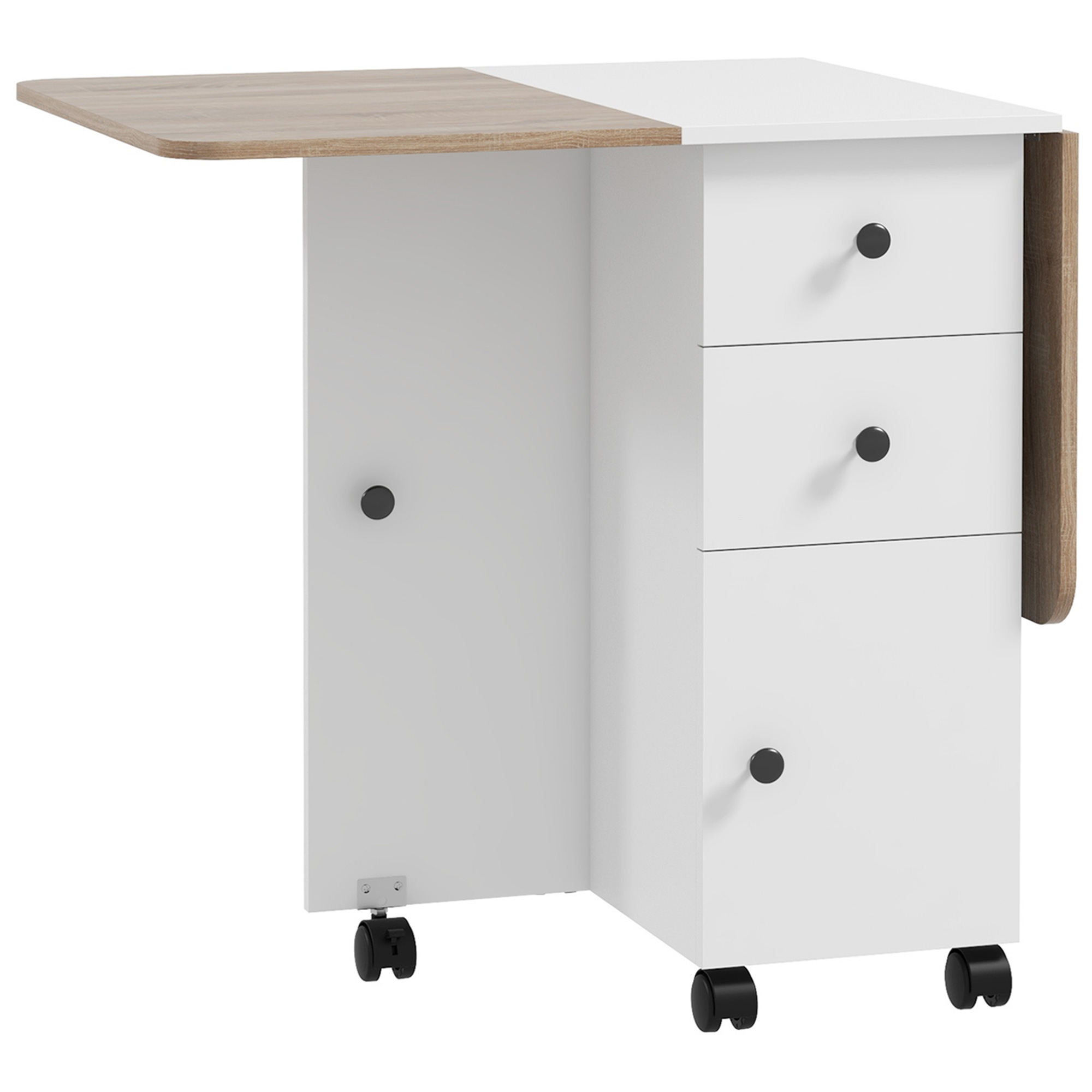 Klappbarer Küchentisch, Esstisch mit 2 klappbaren Tischplatten, 2 Schubladen und 1 Schrank, weiß und Eiche_voghion.com