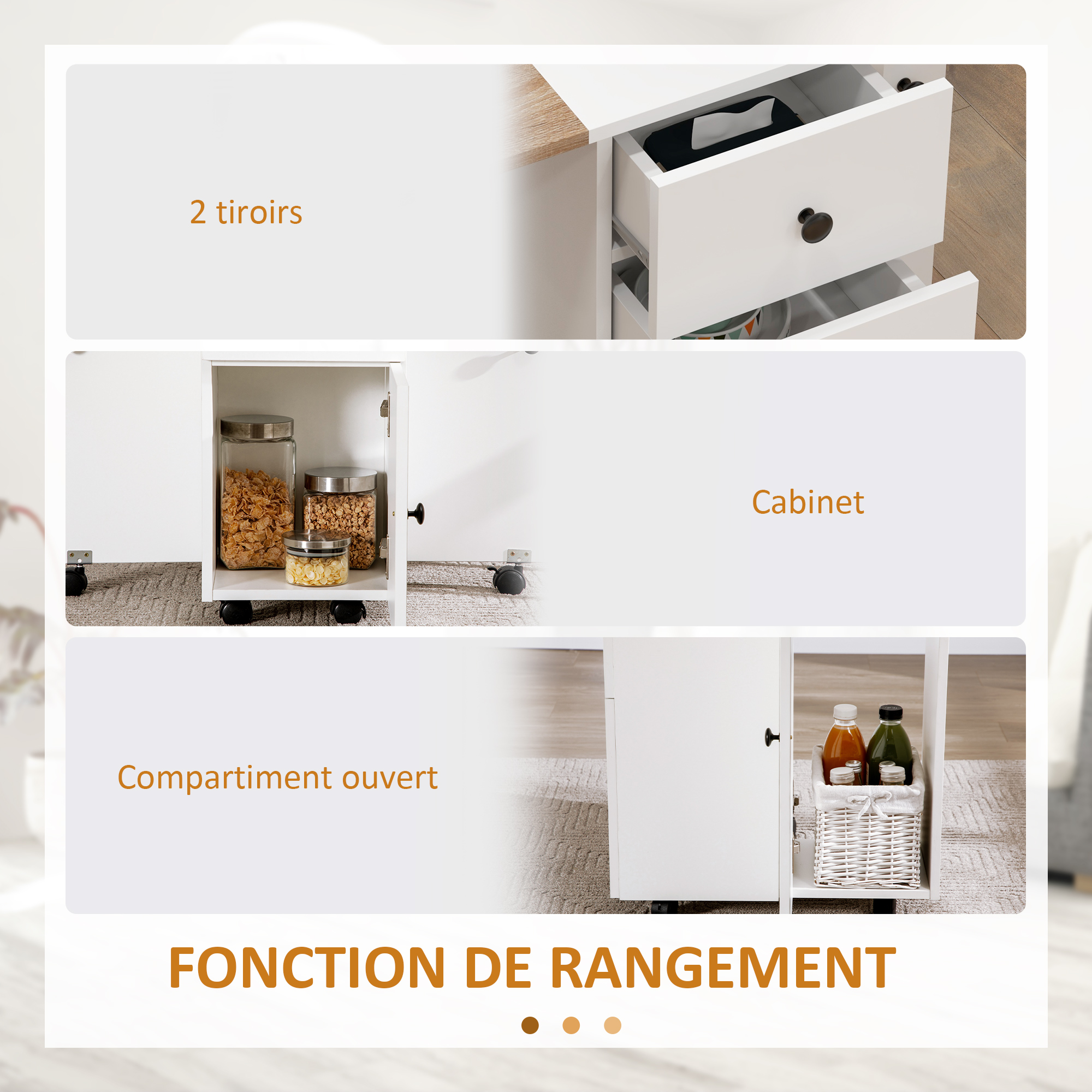 Klappbarer Küchentisch, Esstisch mit 2 klappbaren Tischplatten, 2 Schubladen und 1 Schrank, weiß und Eiche_voghion.com