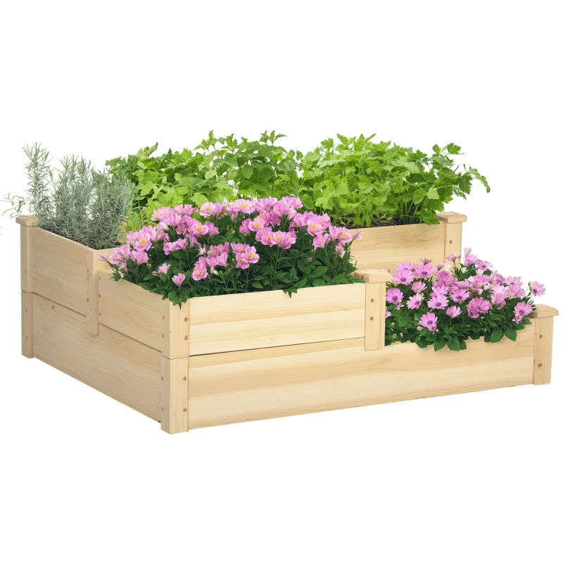 3 Tier Raised Flower Bed Outdoor Planter Box Wooden Garden Bed, Open Bottom for Plants, 42.5"x34.75"x14.25", Natural