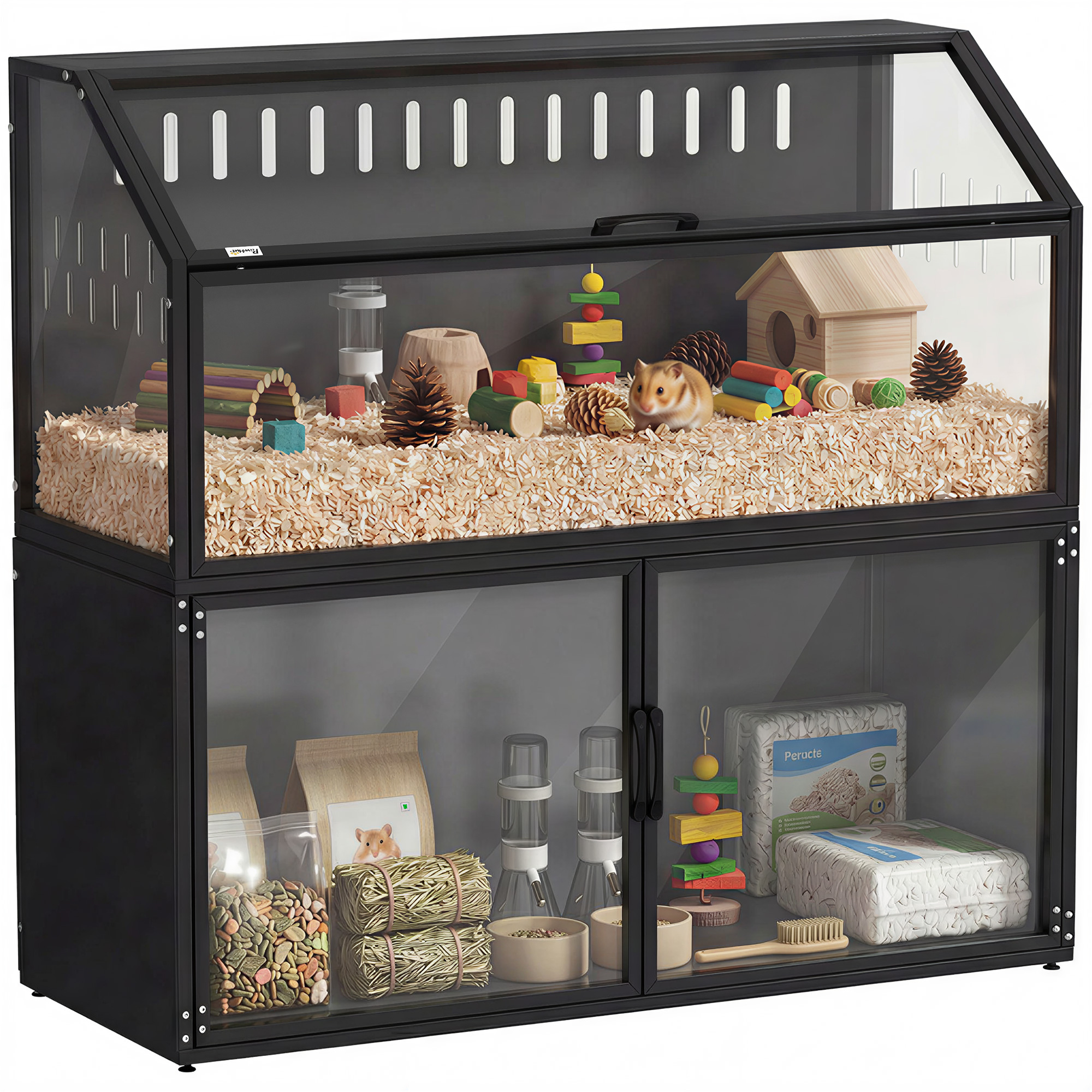 Hamster Cage with Storage Cabinet, Small Animal Cage with Easy View Acrylic Panels and Openable Top, Guinea Pig Habitat