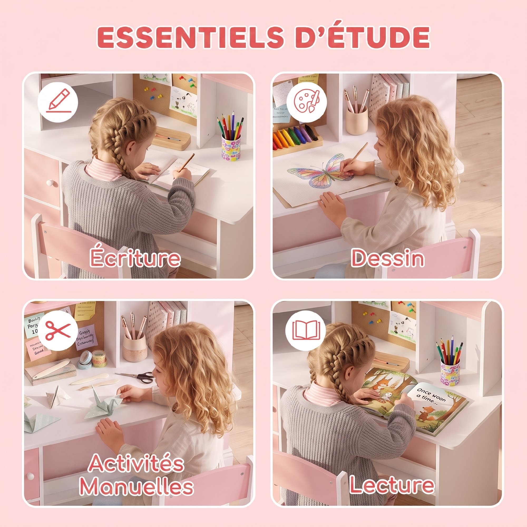 Bureau et Chaise Enfant avec Support Tablette Réglable, Porte-Stylo, Tableau en