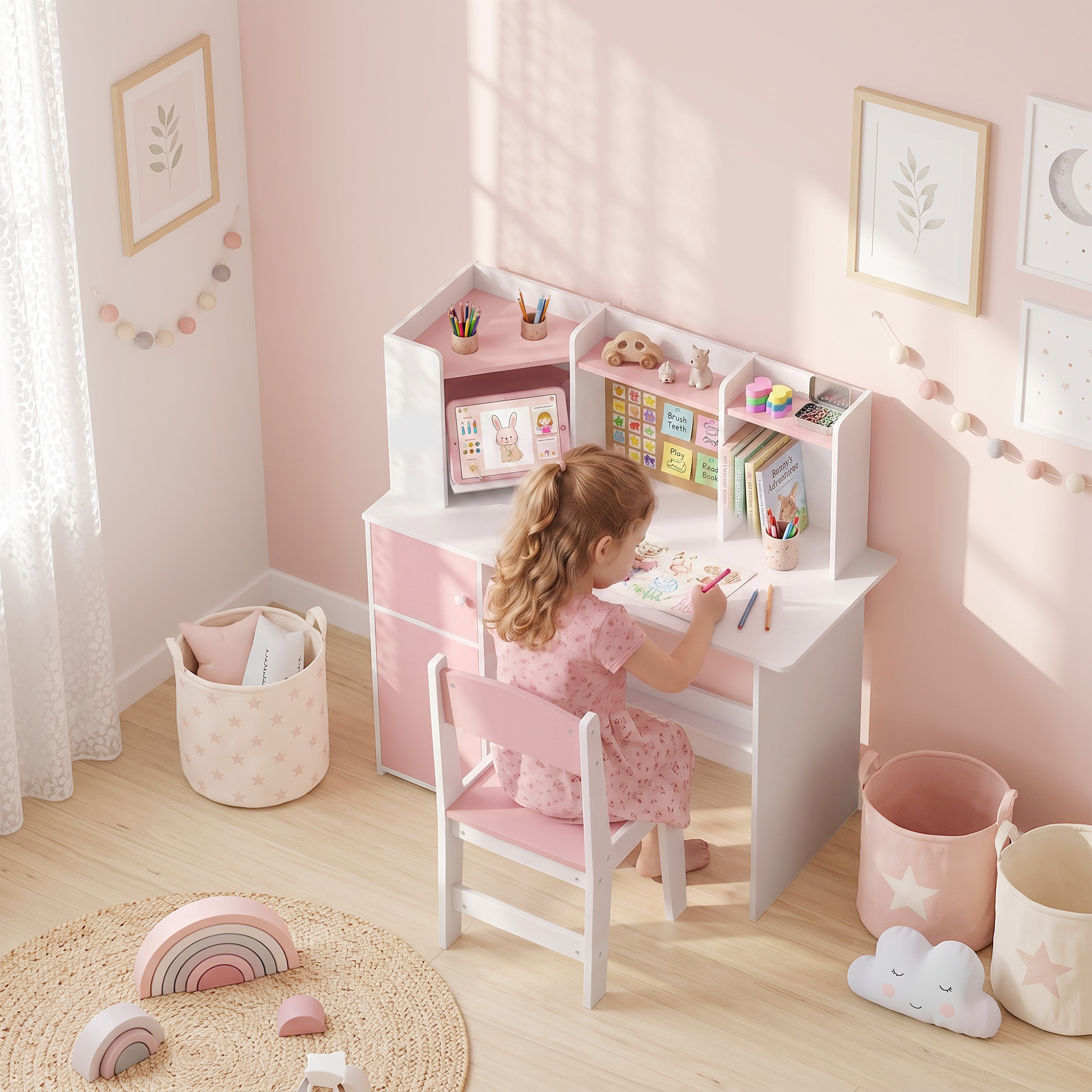 Bureau et Chaise Enfant avec Support Tablette Réglable, Porte-Stylo, Tableau en
