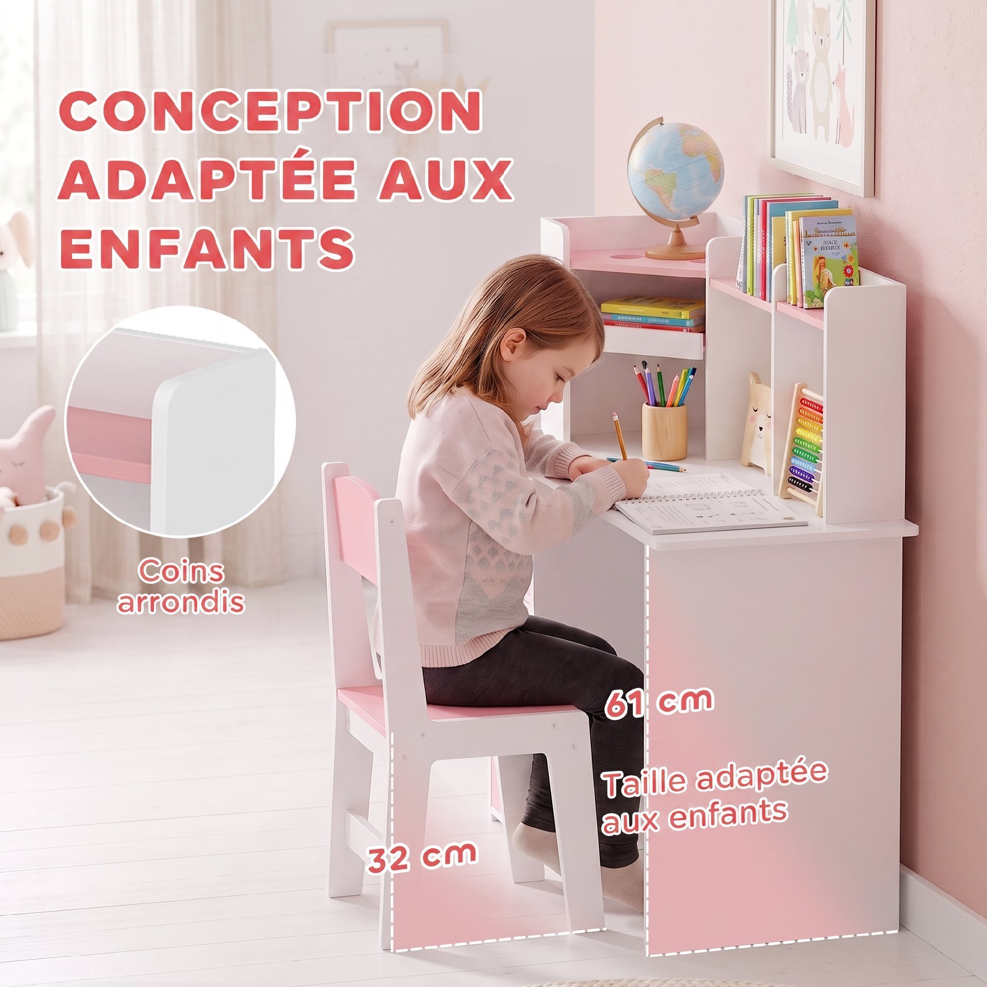 Bureau et Chaise Enfant avec Support Tablette Réglable, Porte-Stylo, Tableau en