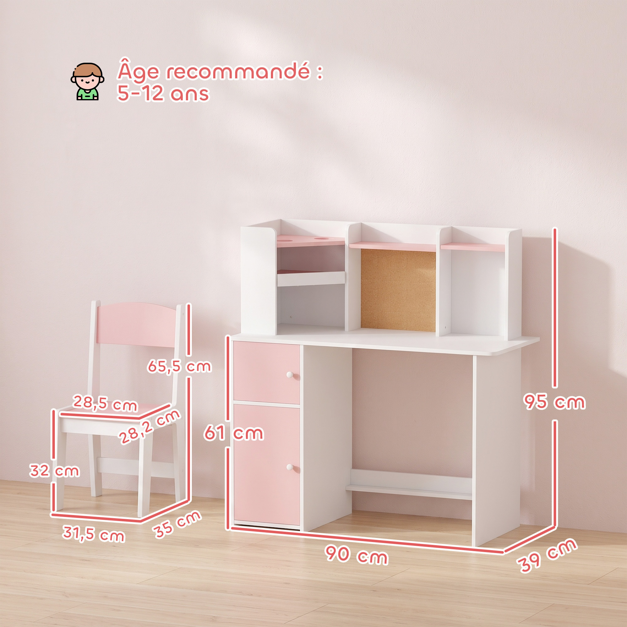 Bureau et Chaise Enfant avec Support Tablette Réglable, Porte-Stylo, Tableau en