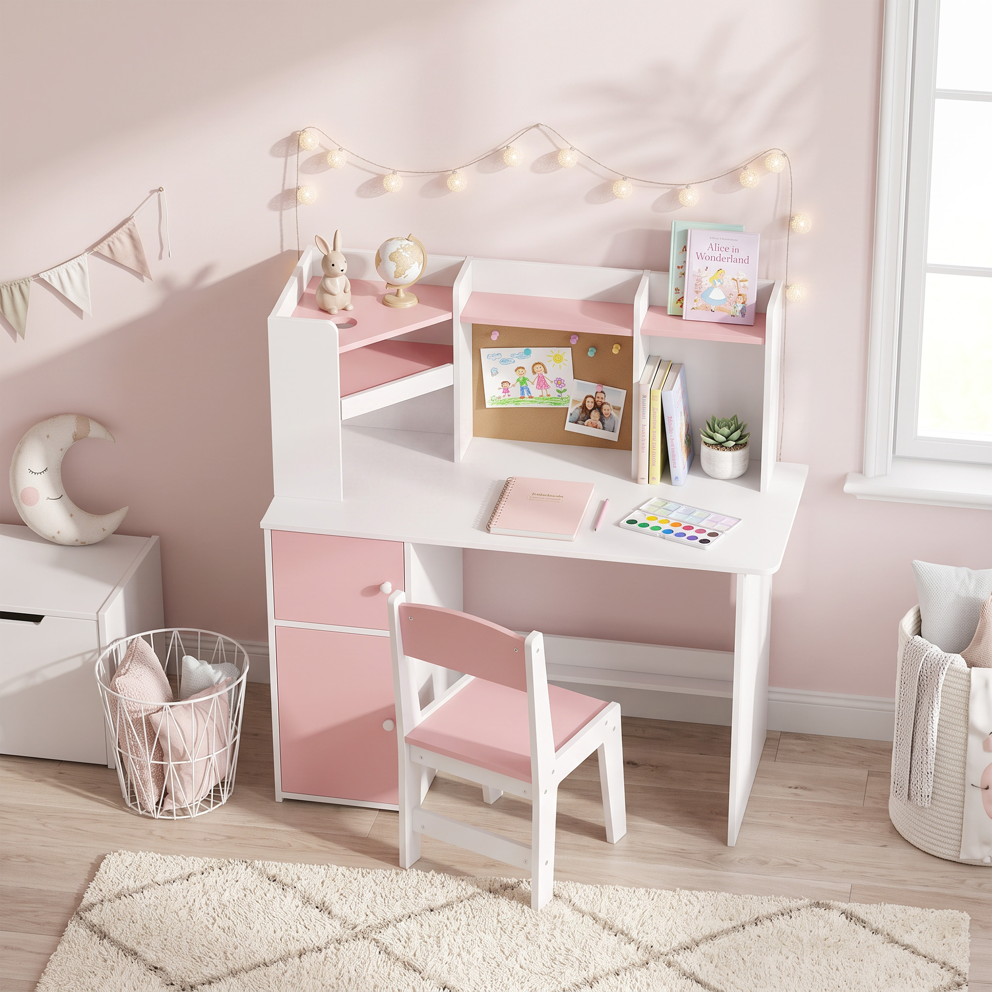 Bureau et Chaise Enfant avec Support Tablette Réglable, Porte-Stylo, Tableau en