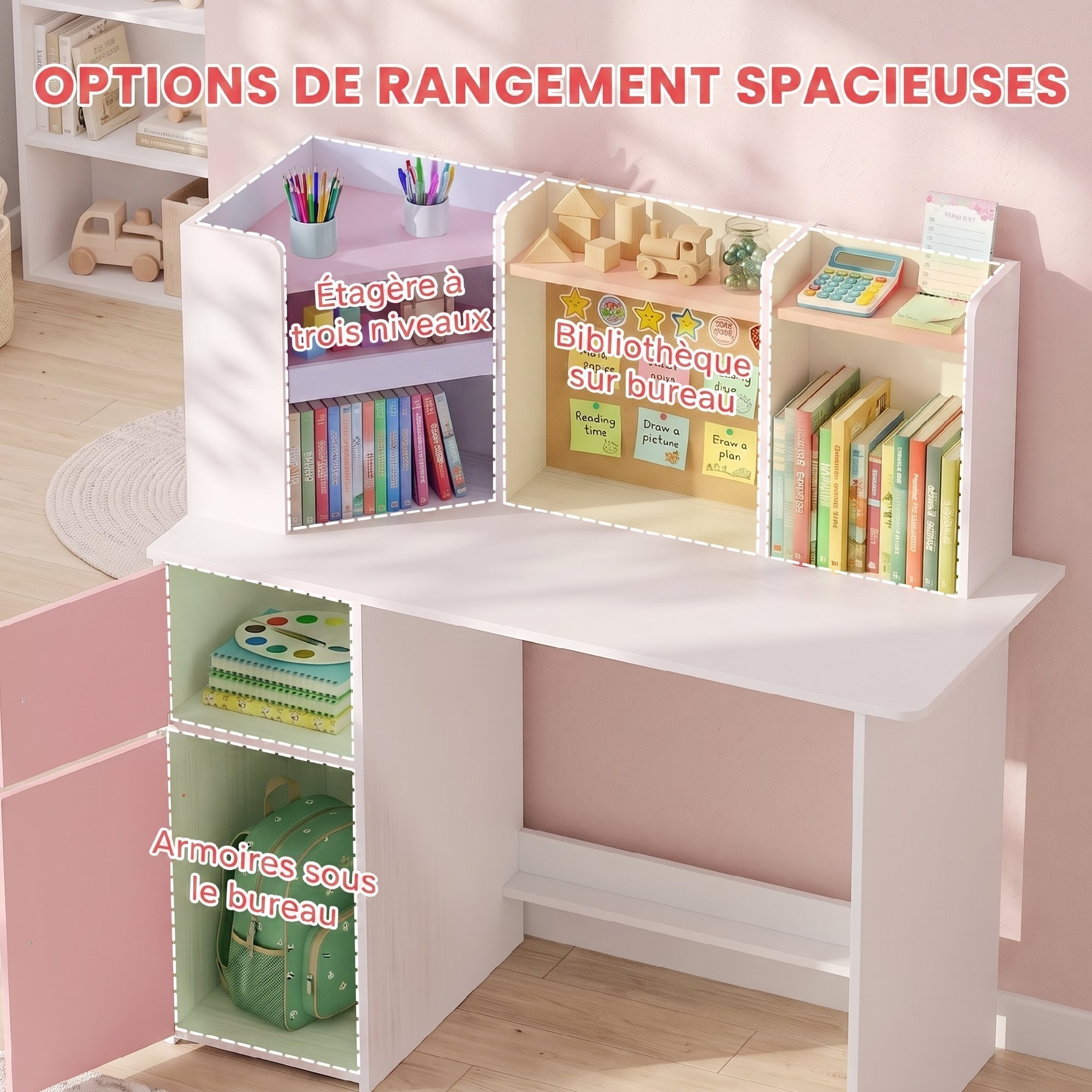 Bureau et Chaise Enfant avec Support Tablette Réglable, Porte-Stylo, Tableau en