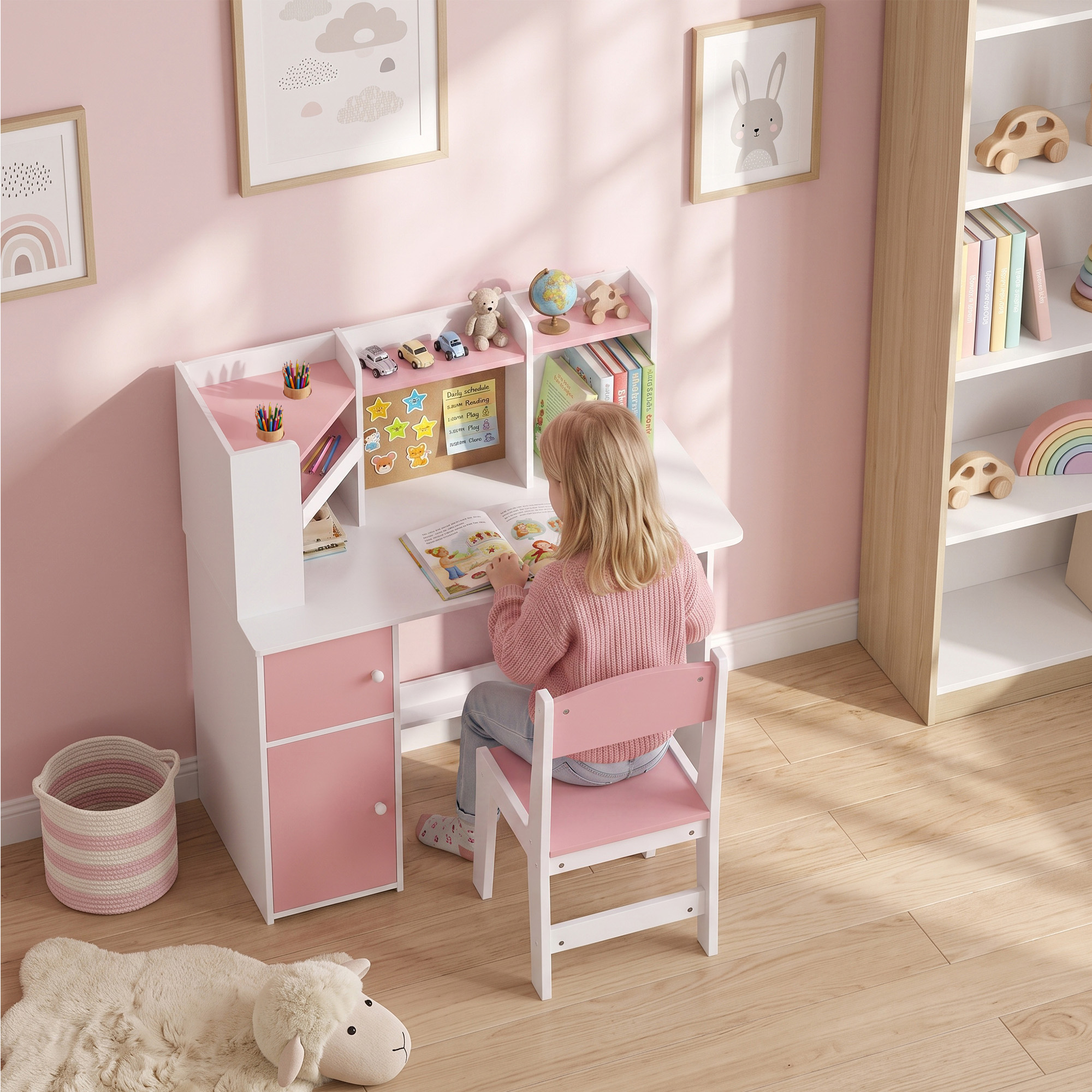 Bureau et Chaise Enfant avec Support Tablette Réglable, Porte-Stylo, Tableau en