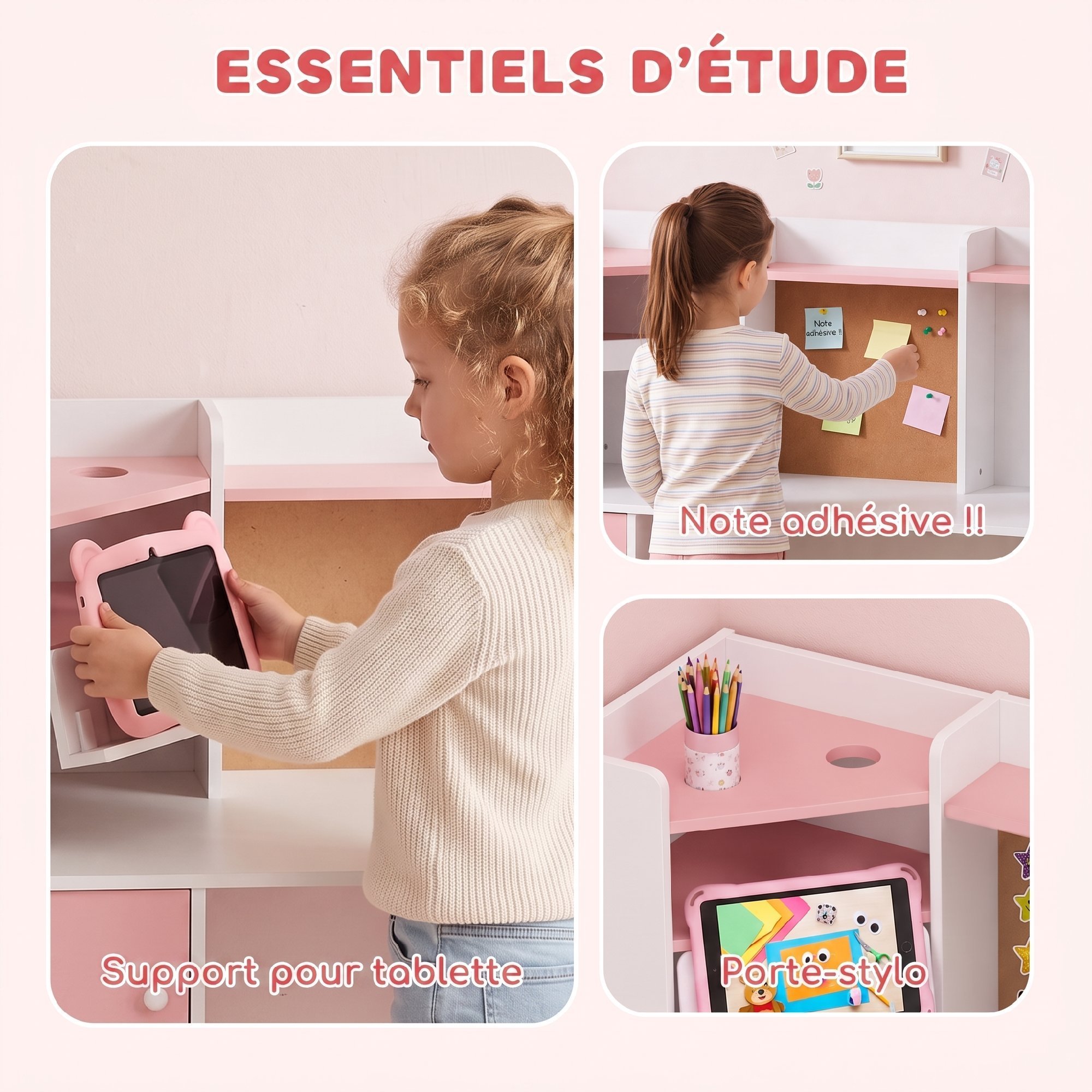 Bureau et Chaise Enfant avec Support Tablette Réglable, Porte-Stylo, Tableau en