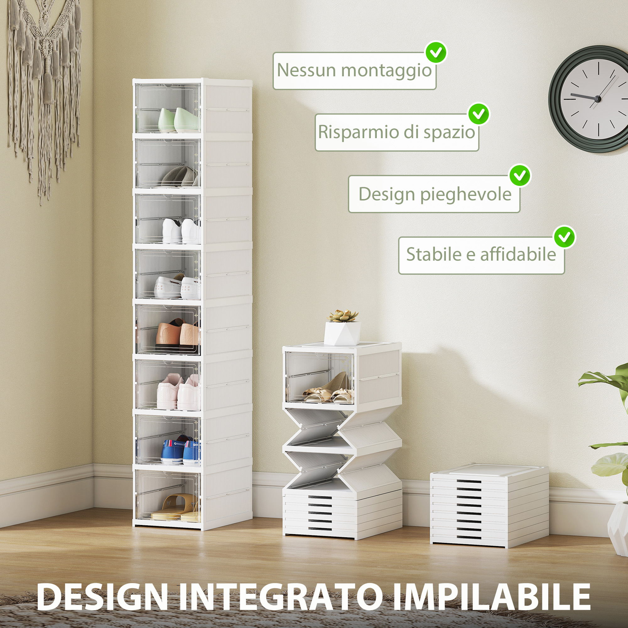 Modulares Schuhregal mit 8 stapelbaren Schuhboxen, platzsparender, faltbarer Schuhorganizer mit transparenter Rückwand, kein Aufbau erforderlich, weiß_voghion.com