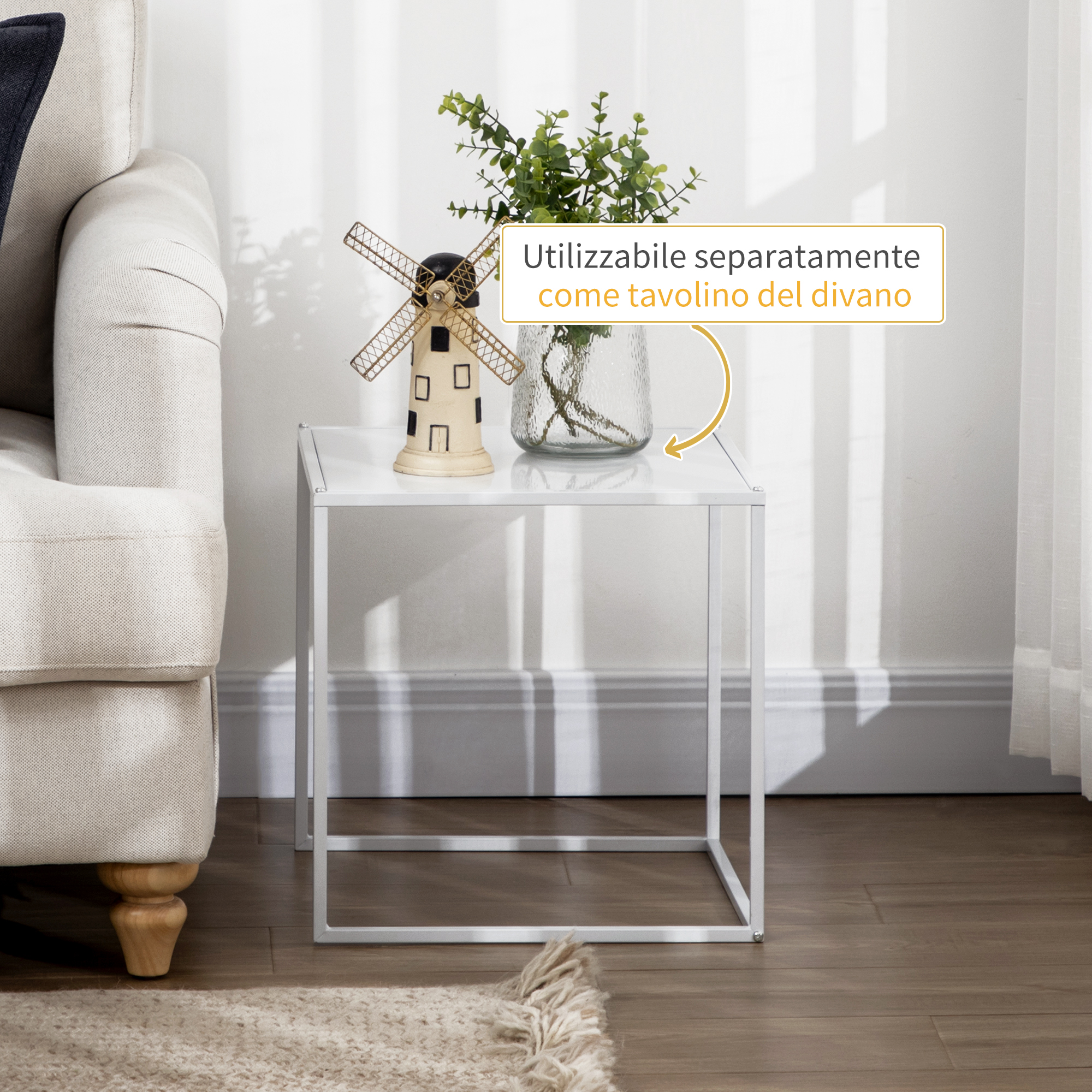 Set aus 2 quadratischen, stapelbaren Couchtischen, stapelbare Wohnzimmertische aus Stahl, Weiß_voghion.com