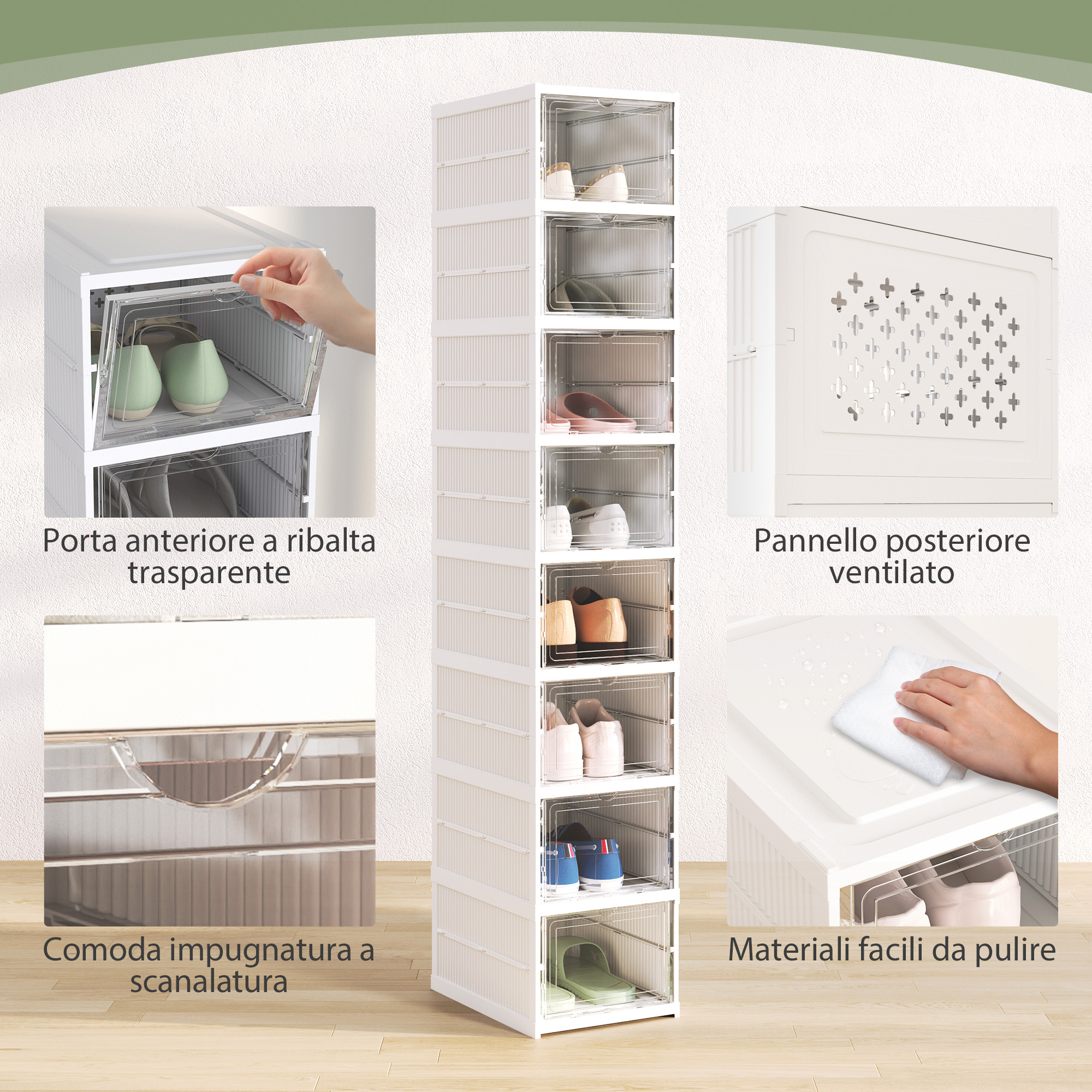 Modulares Schuhregal mit 8 stapelbaren Schuhboxen, platzsparender, faltbarer Schuhorganizer mit transparenter Rückwand, kein Aufbau erforderlich, weiß_voghion.com