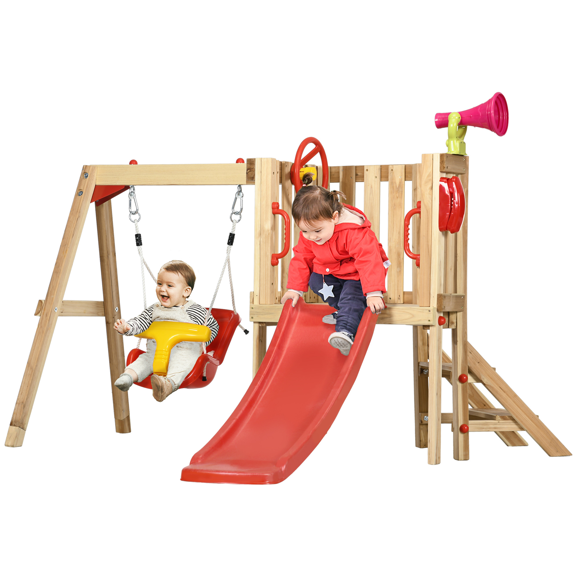 4-in-1 Wooden Swing Set with Swing, Slide, Horn, Steering Wheel, Red