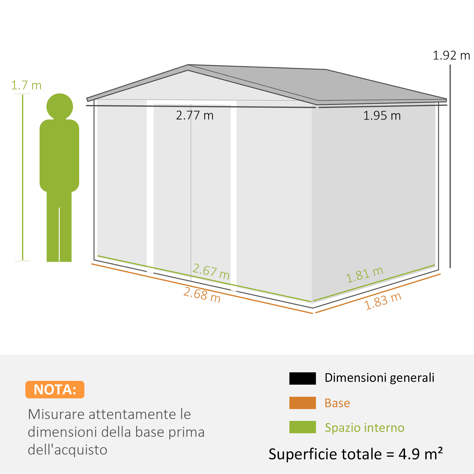 Abmessungen des Metallschuppens: 2,77 m x 1,81 m x 1,95 m, Fläche 4,9 m²