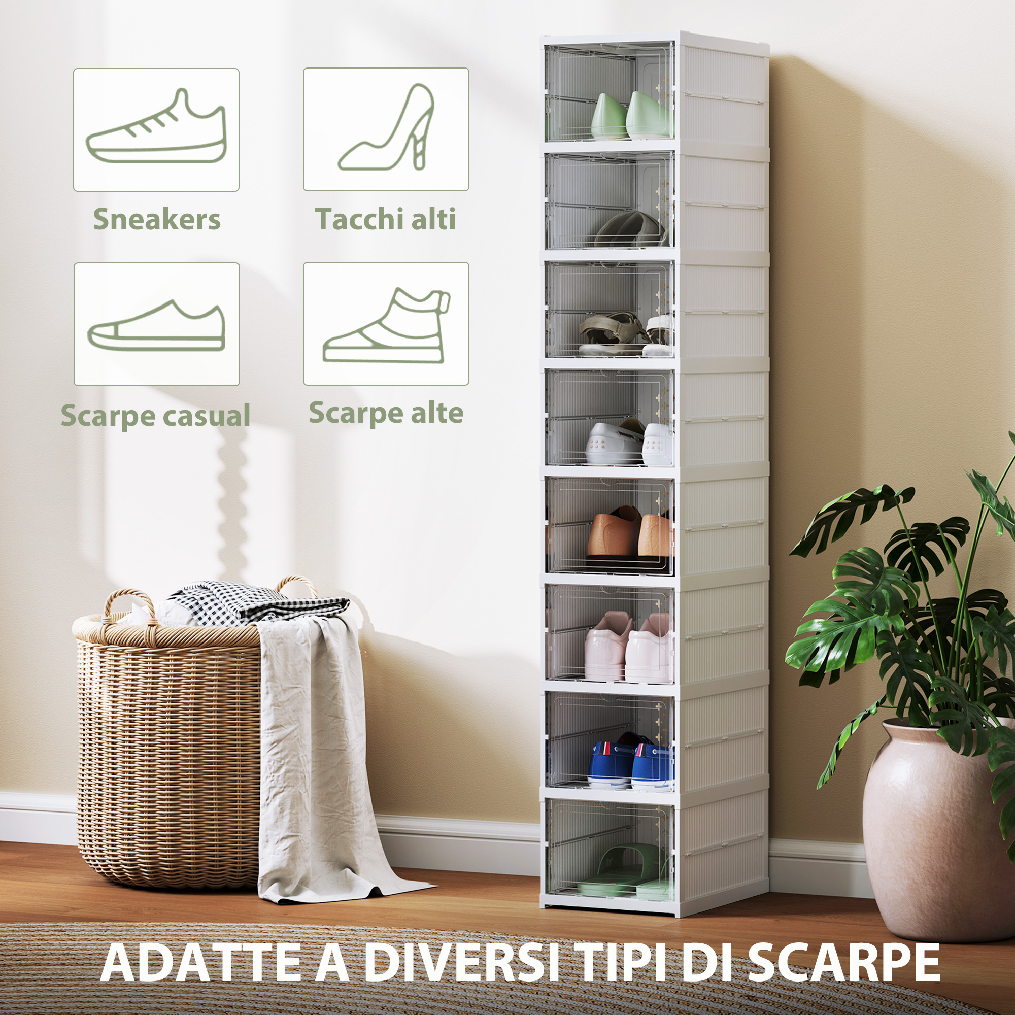 Modulares Schuhregal mit 8 stapelbaren Schuhboxen, platzsparender, faltbarer Schuhorganizer mit transparenter Rückwand, kein Aufbau erforderlich, weiß_voghion.com