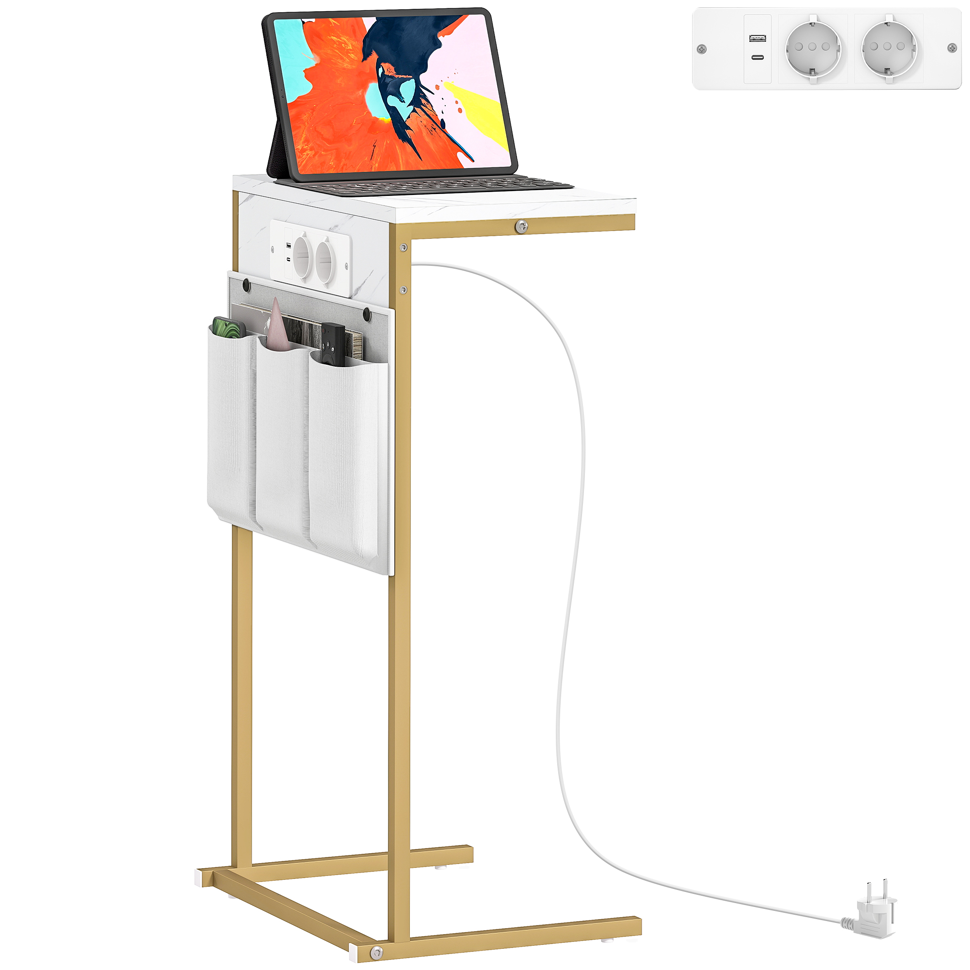 C-förmiger Tisch mit Ladestation, 2 Steckdosen + 2 USB-Anschlüsse + USB-C, Marmoroptik, Organizer-Fächer_voghion.com