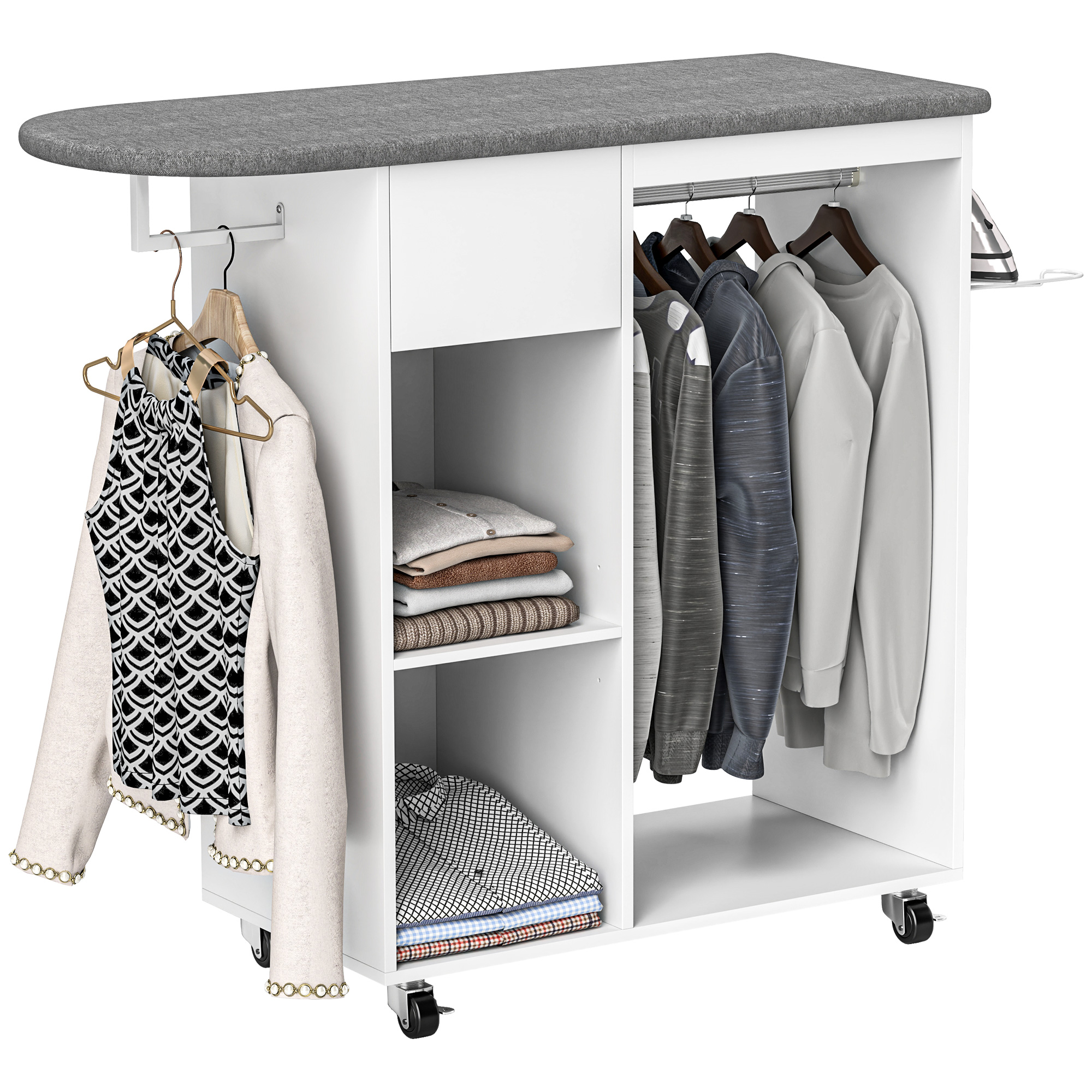 Wardrobe – Ironing 4 Locking Castors, Rod + Drawer + Shelf, 125x43.5x102.5cm, White_voghion.com
