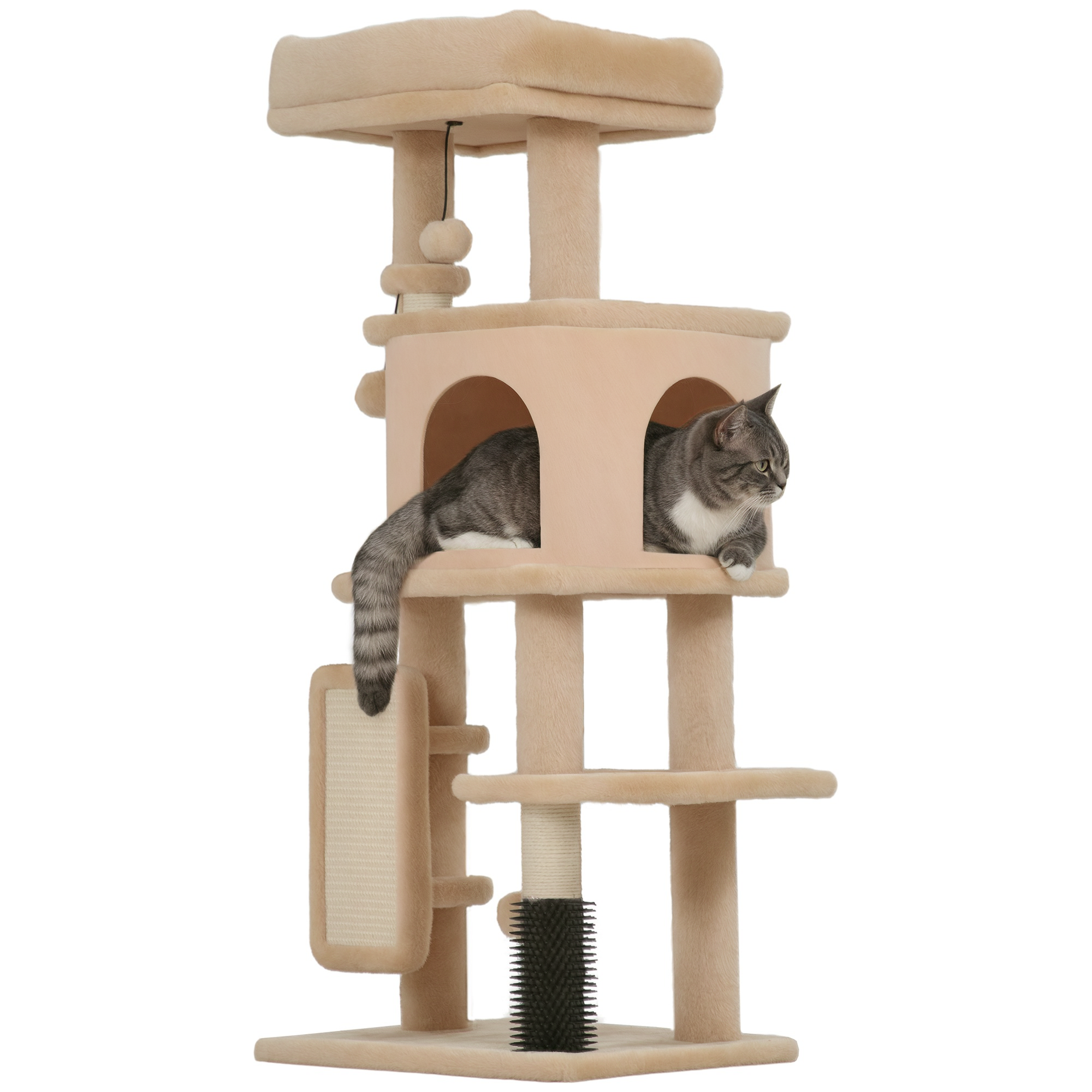 Árbol Rascador Para Gatos Altura 104cm Con Plataformas Poste Con Cepillo Bolas Colgantes Y Almohadilla Para Rascar Beige_voghion.com