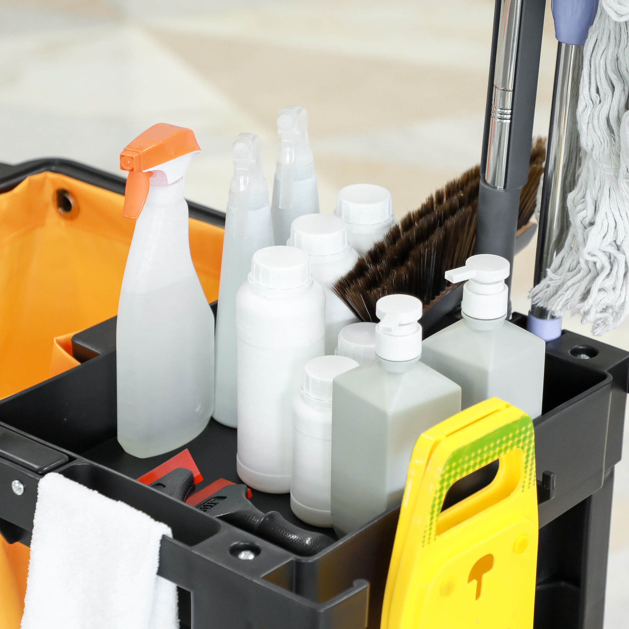 Cleaning Trolley With Bag Wheels And 3 Shelves For Hotels Yellow_voghion.com