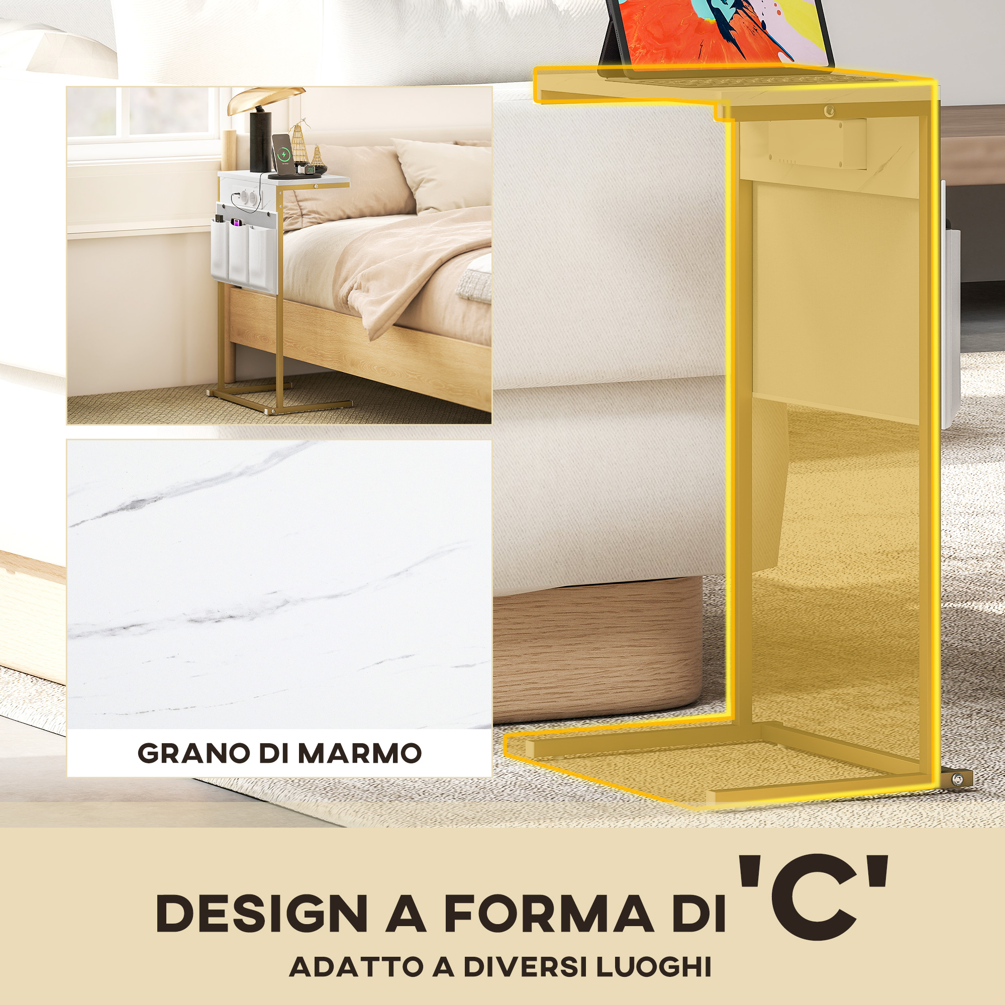 C-förmiger Tisch mit Ladestation, 2 Steckdosen + 2 USB-Anschlüsse + USB-C, Marmoroptik, Organizer-Fächer_voghion.com