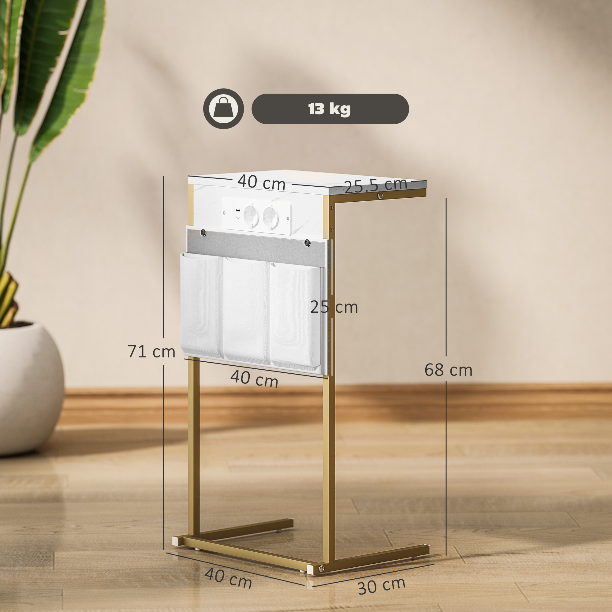 C-förmiger Tisch mit Ladestation, 2 Steckdosen + 2 USB-Anschlüsse + USB-C, Marmoroptik, Organizer-Fächer_voghion.com