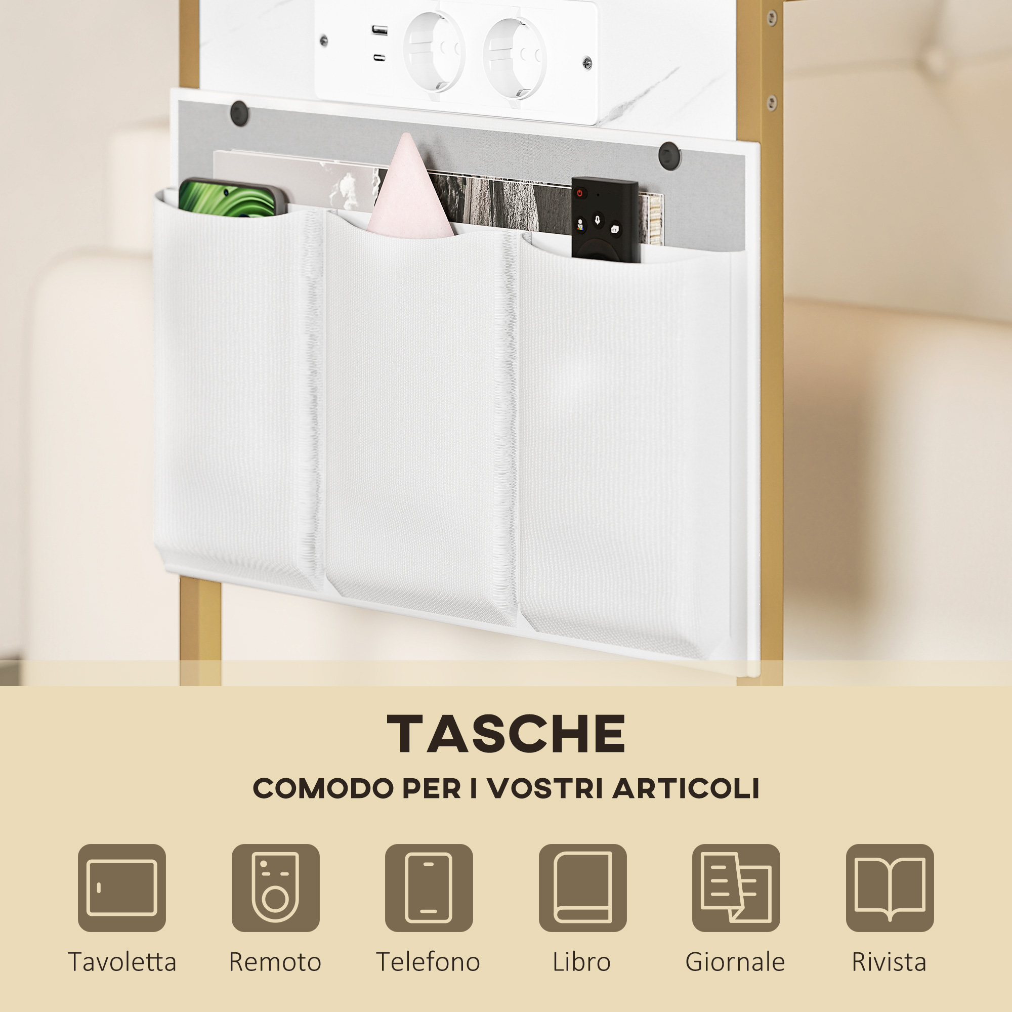 C-förmiger Tisch mit Ladestation, 2 Steckdosen + 2 USB-Anschlüsse + USB-C, Marmoroptik, Organizer-Fächer_voghion.com