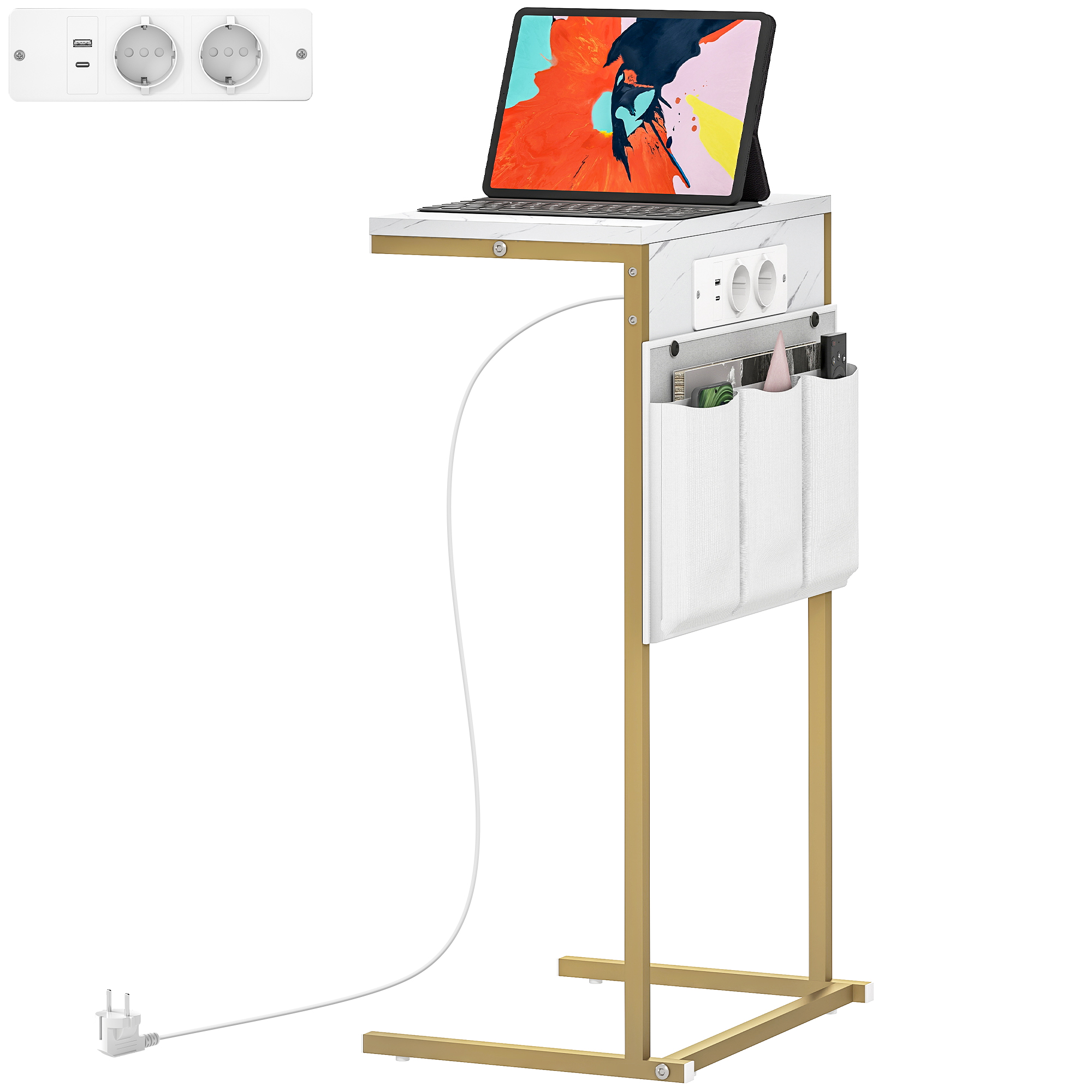 C-förmiger Tisch mit Ladestation, 2 Steckdosen + 2 USB-Anschlüsse + USB-C, Marmoroptik, Organizer-Fächer_voghion.com