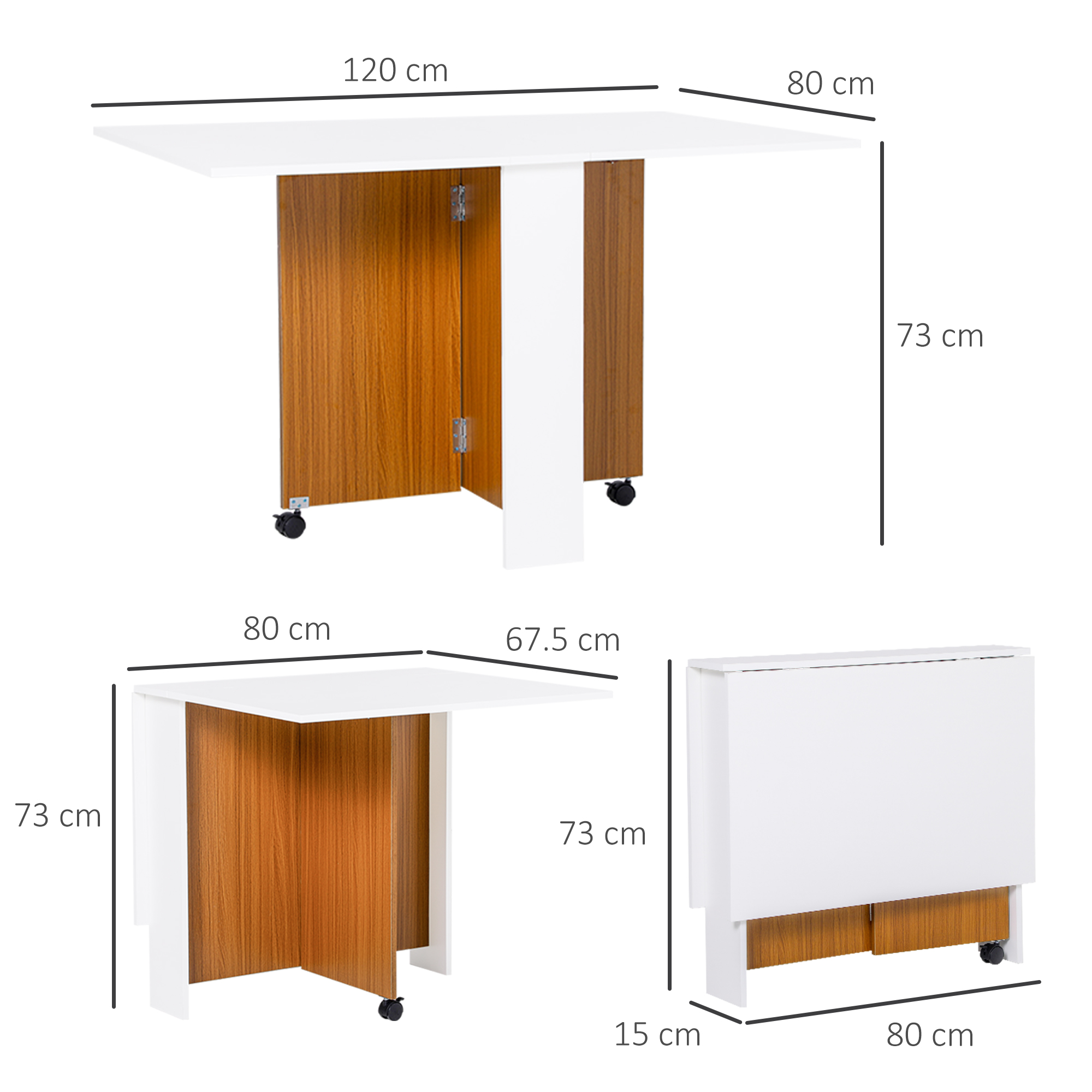 Ausziehbarer Esstisch, modernes Design, platzsparender Klapptisch mit Rollen, 120 × 80 × 73 cm_voghion.com