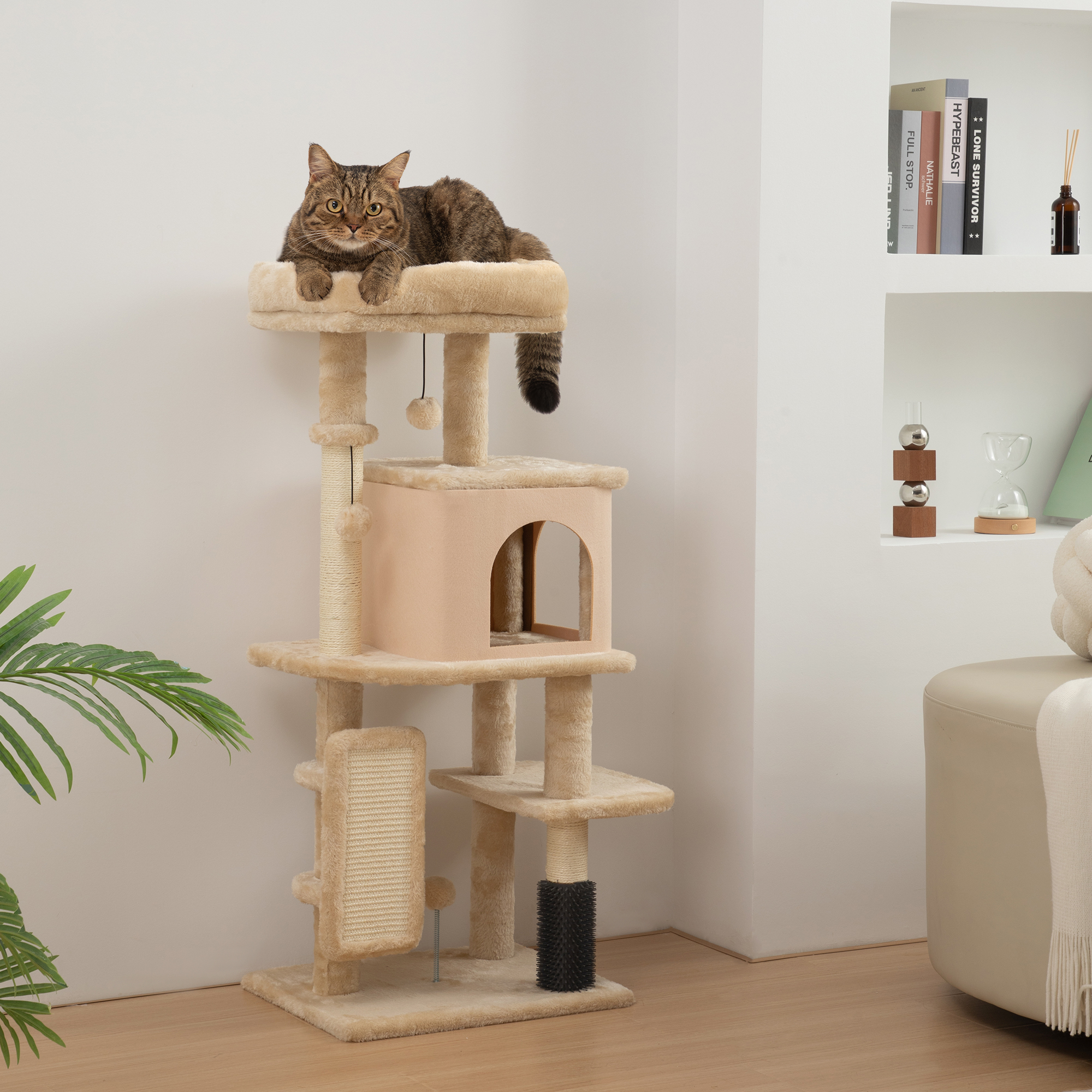 Cat Scratching Tree With Sisal Posts And Hanging Balls Beige_voghion.com
