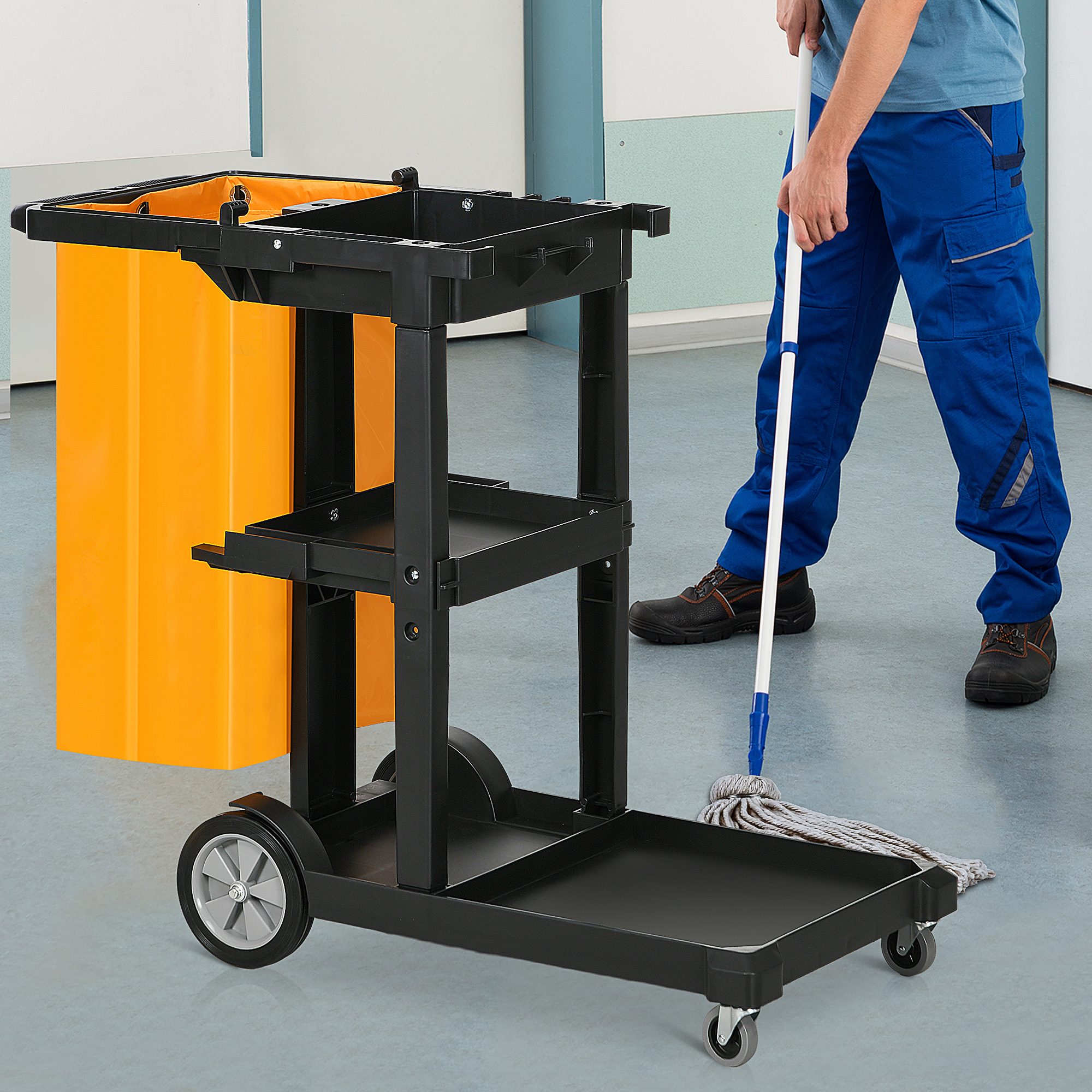Cleaning Trolley With Bag Wheels And 3 Shelves For Hotels Yellow_voghion.com