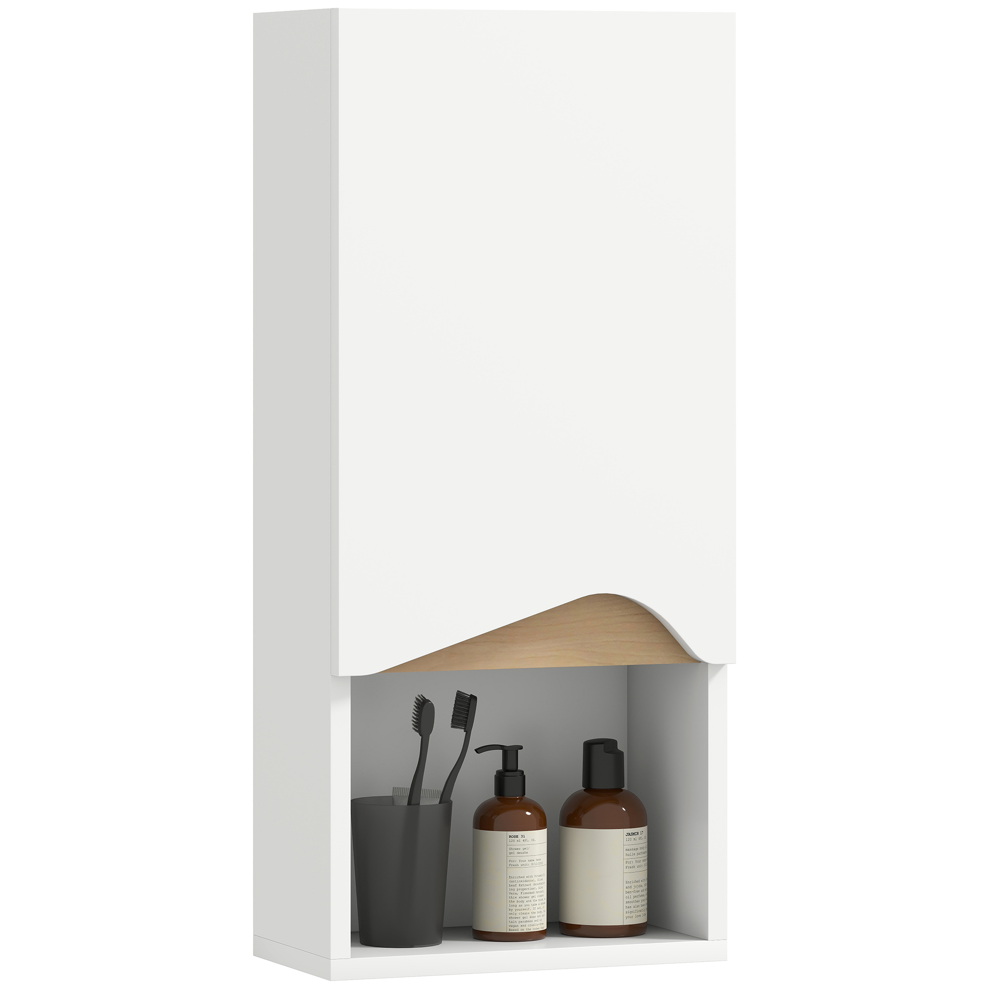 Mobiletto Bagno Sospeso Con Ripiano Aperto E Armadietto Soft Close. Pensile Bagno Con Ripiano Regolabile. Mobile A Parete Multiuso Salvaspazio. 30x17x67 Cm. Bianco E Color Legno_voghion.com
