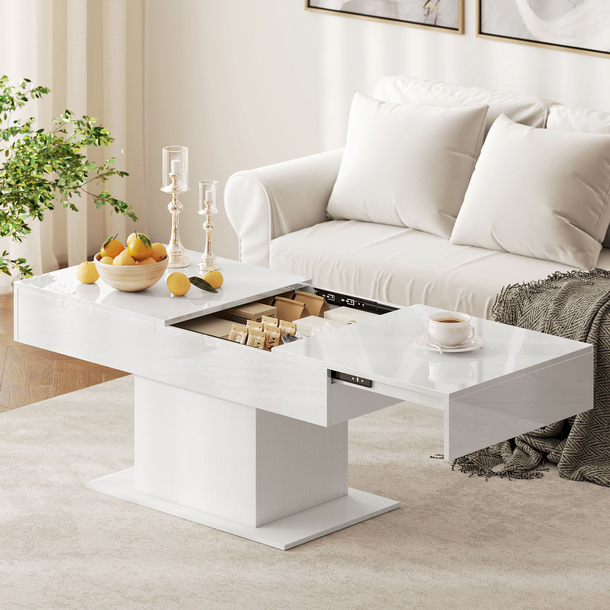 Détail du compartiment de rangement caché sous le plateau