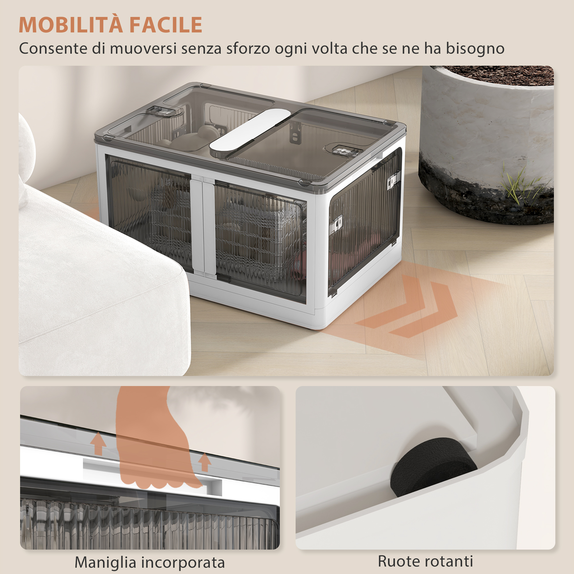 Kunststoff-Aufbewahrungsbox mit Deckel, stapelbar und faltbar, 5-seitiger Zugriff, Rollen, 69 l Fassungsvermögen, weiß_voghion.com