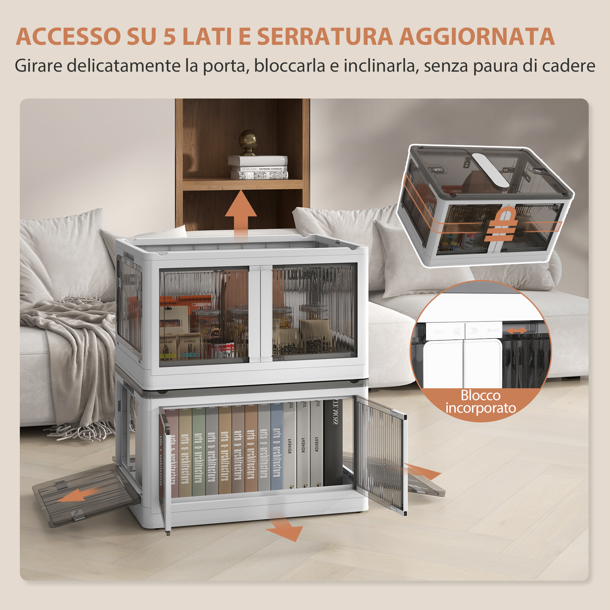 Kunststoff-Aufbewahrungsbox mit Deckel, stapelbar und faltbar, 5-seitiger Zugriff, Rollen, 69 l Fassungsvermögen, weiß_voghion.com