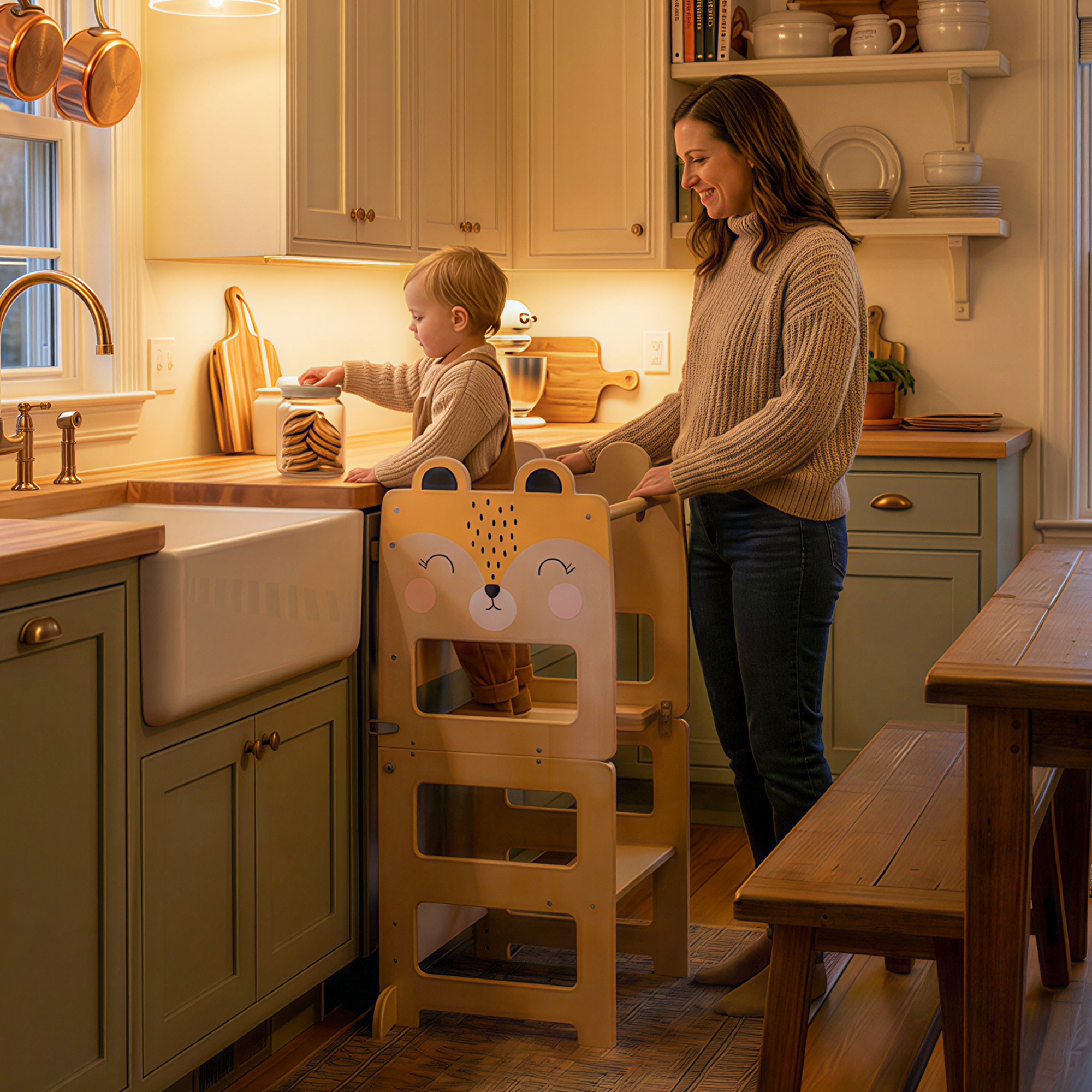 Tour Montessorienne Enfant 2-5 Ans avec Tableau Blanc et Table, en Contreplaqué,
