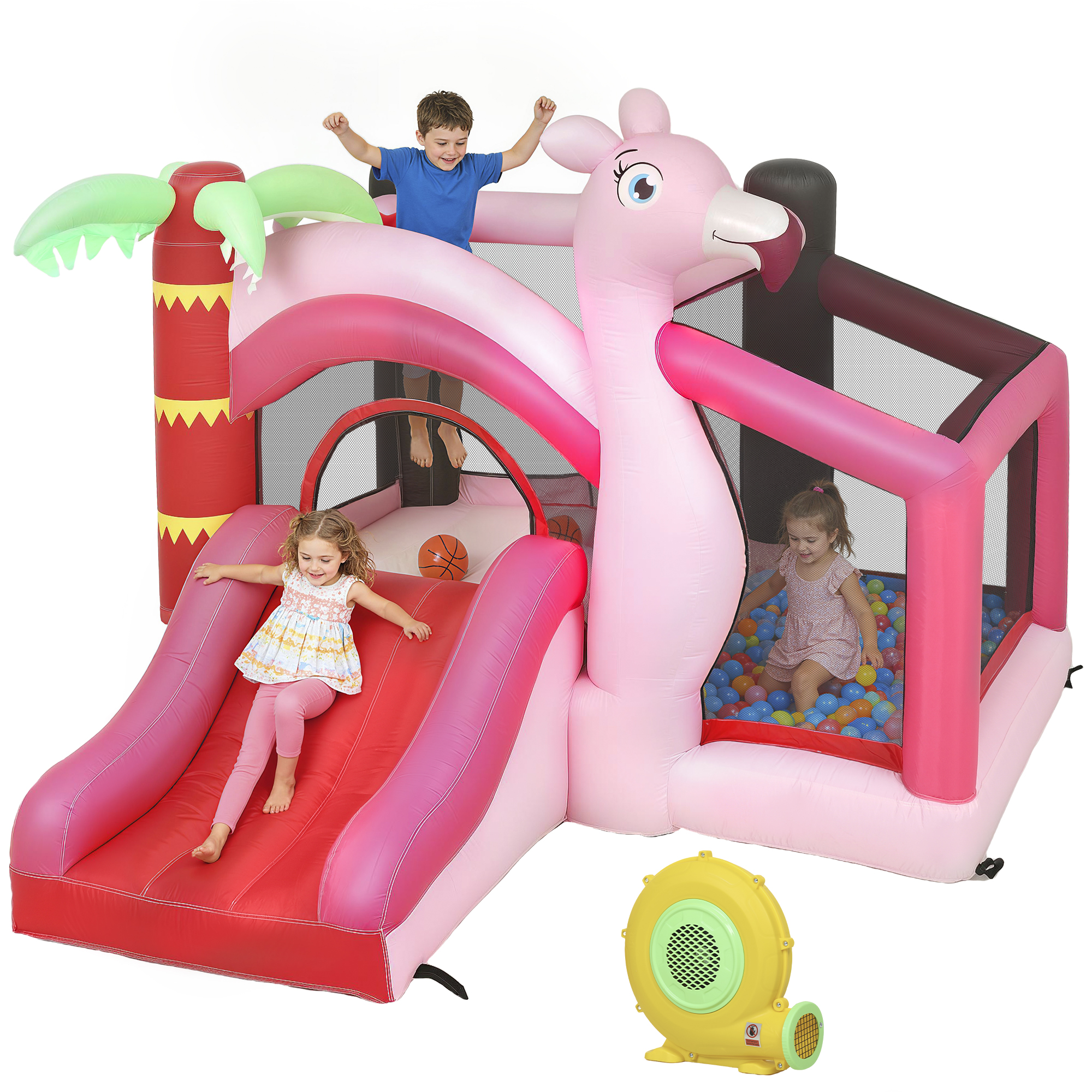 Castello Gonfiabile Per Bambini Con Scivolo, Trampolino, Vasca Di Palline E Canestro Cestino, 255x230x196 Cm, Rosa_voghion.com