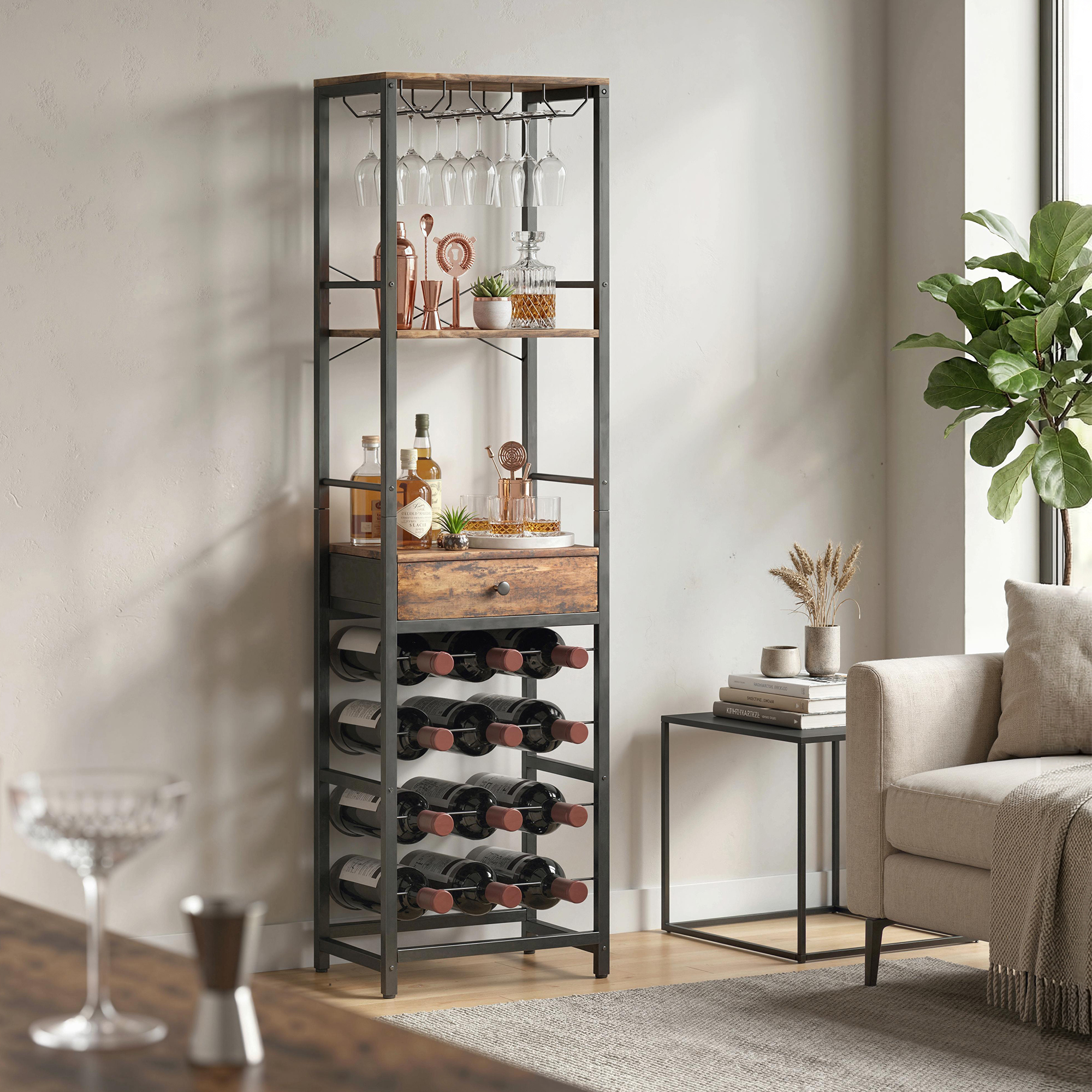 Design industriel - bois brun + métal noir mat
