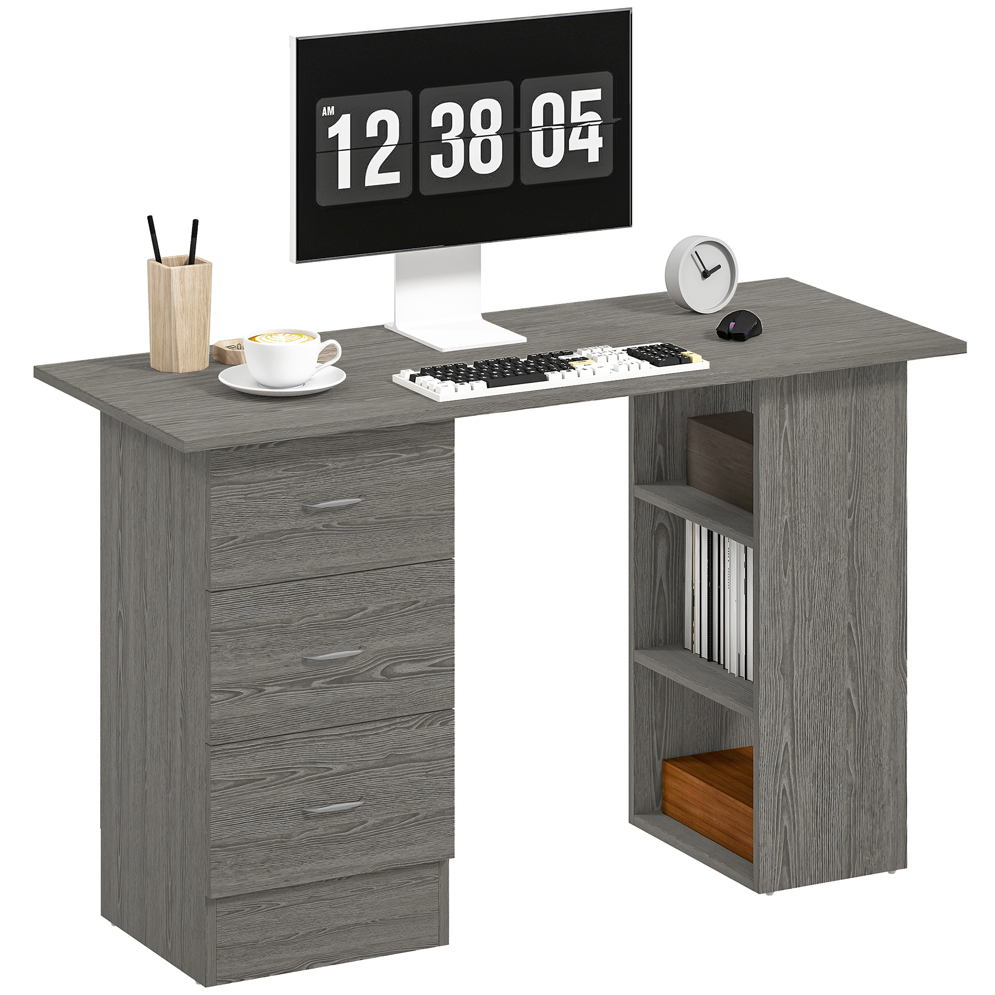 Scrivania Moderna Con 3 Cassetti E 3 Ripiani Per Camera E Ufficio, En Legno, 120x49x72 Cm, Grigio_voghion.com