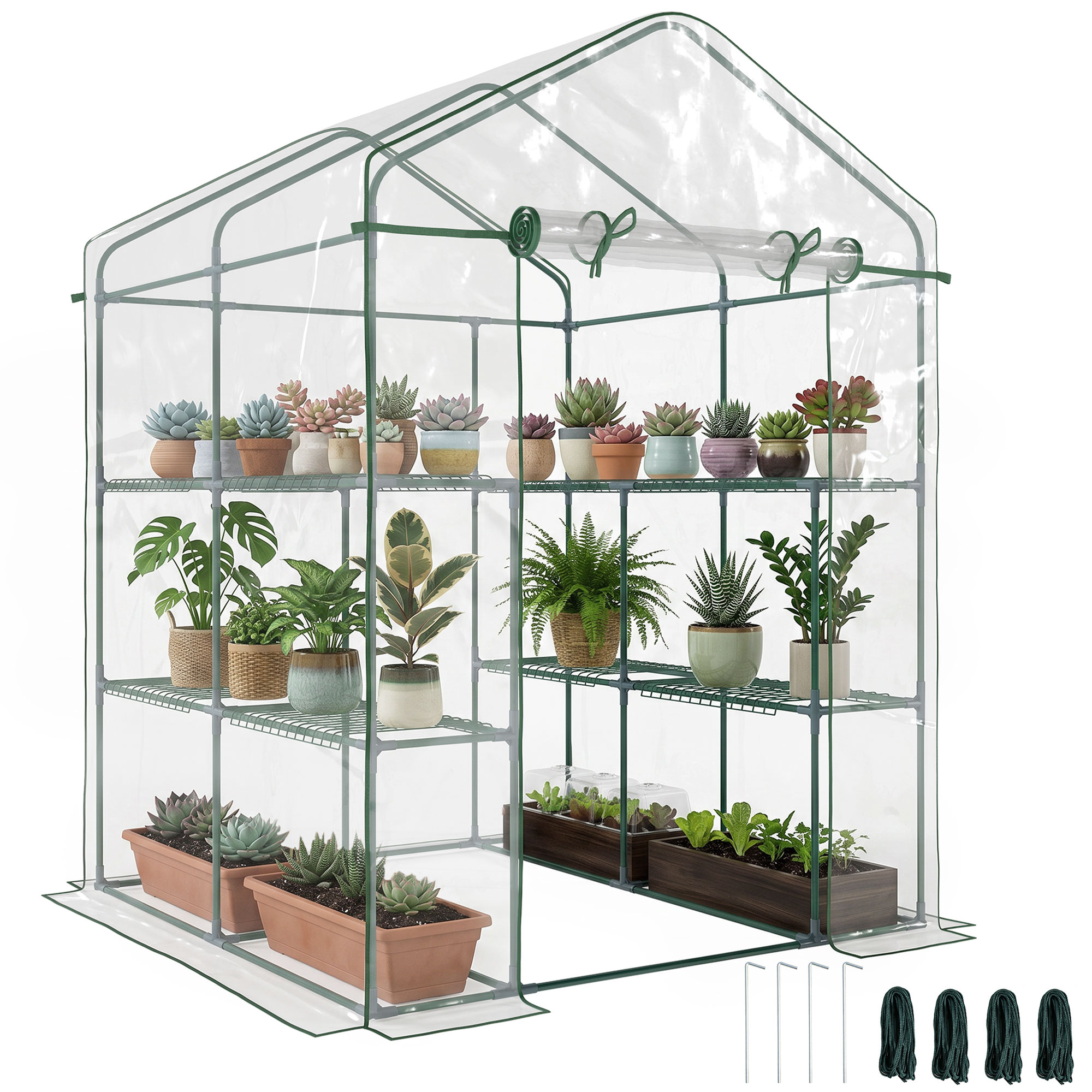 5' x 5' x 6' Mini Walk-in Greenhouse Kit, Portable Green House with 3 Tier Shelves, Roll-Up Door, and Weatherized Plastic Cover for Backyard Garden, Clear