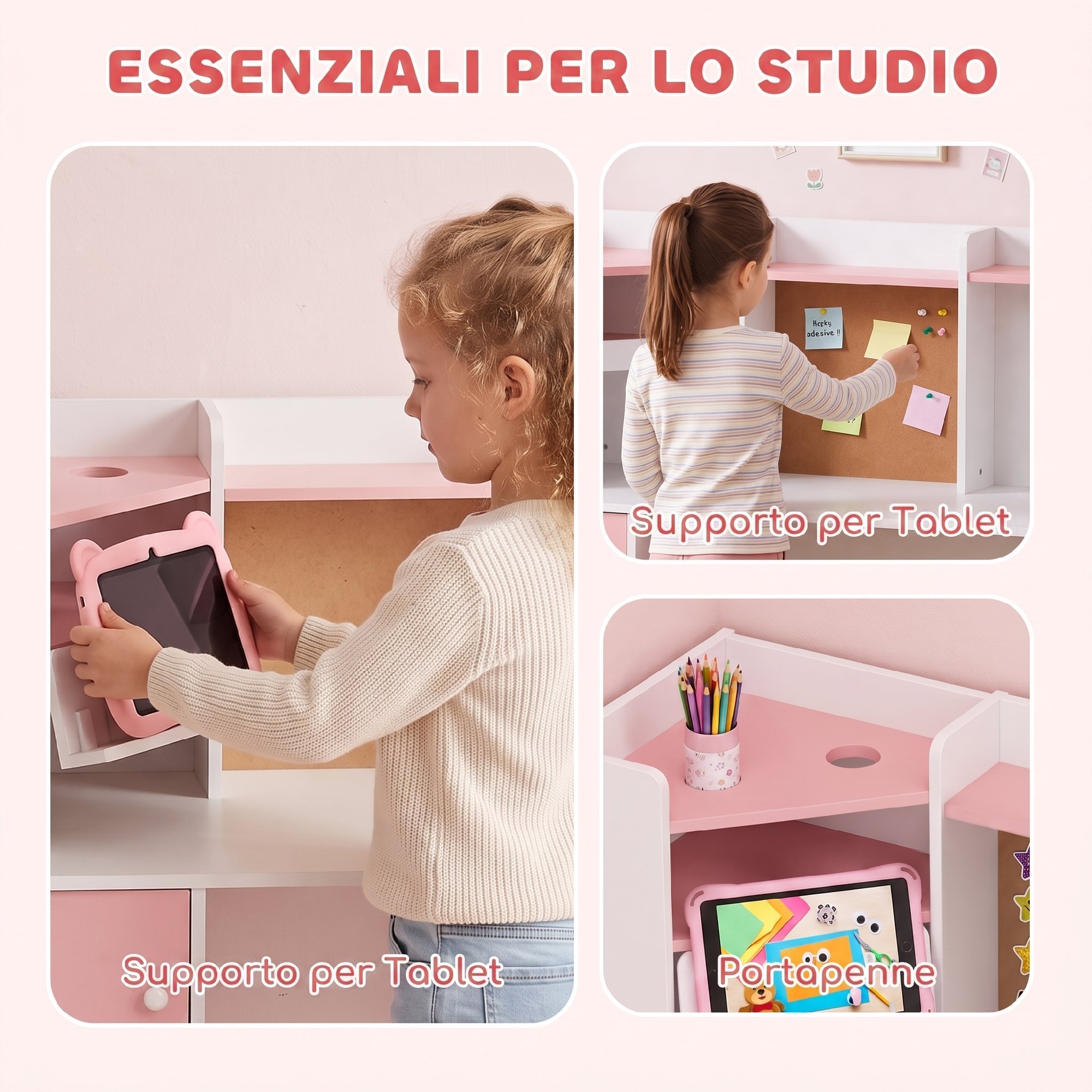 Set Bureau et Chaise Enfant 5-12 Ans avec Bibliothèque, Porte-Stylo, Support Tab