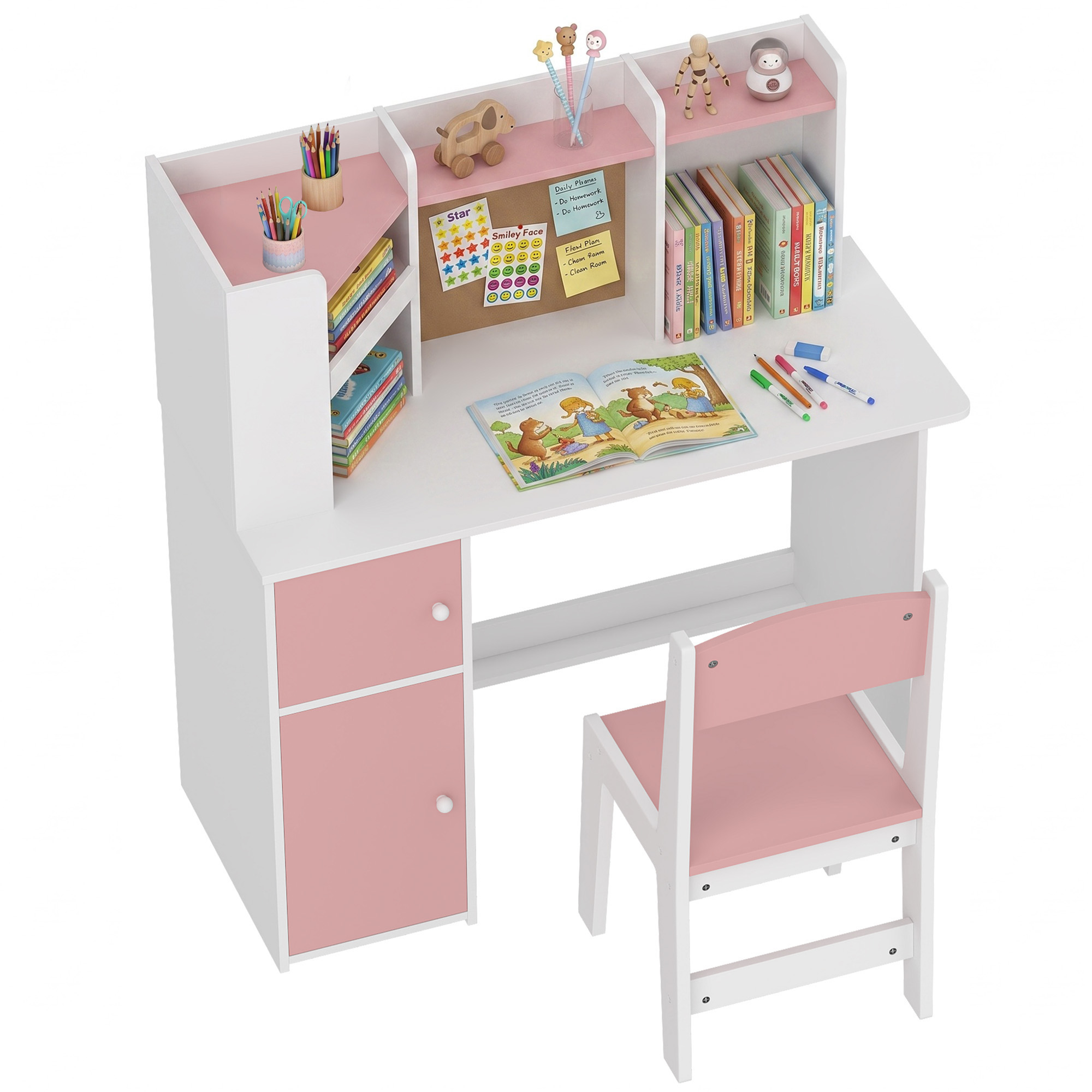 Set Bureau et Chaise Enfant 5-12 Ans avec Bibliothèque, Porte-Stylo, Support Tab