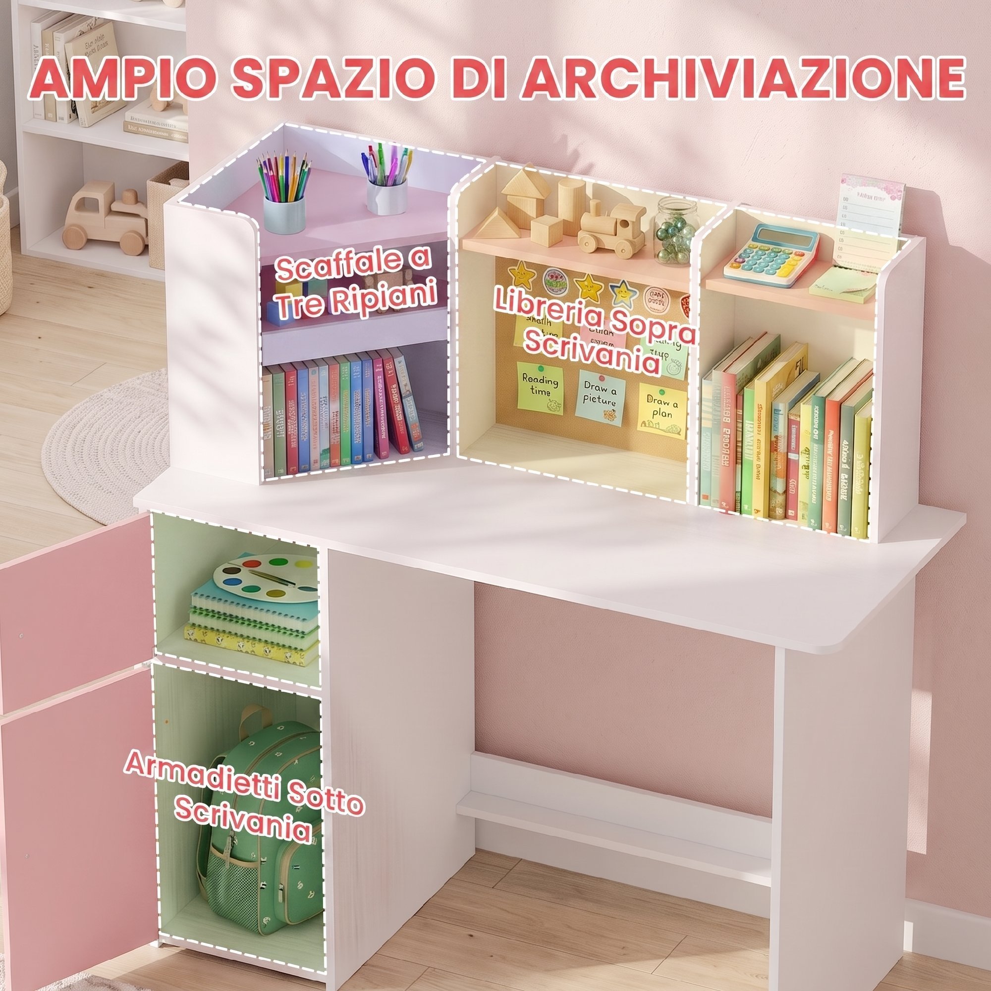 Set Bureau et Chaise Enfant 5-12 Ans avec Bibliothèque, Porte-Stylo, Support Tab
