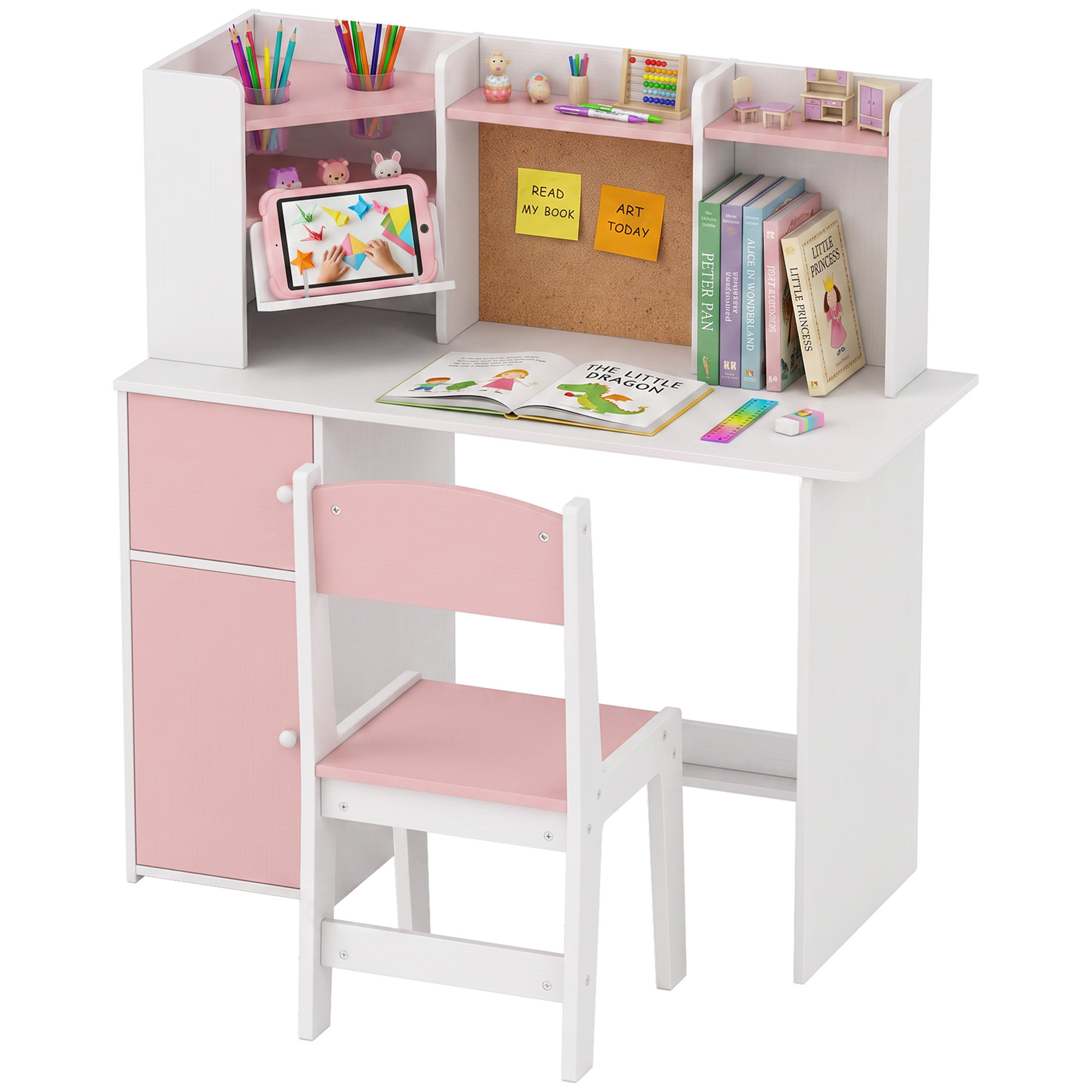 Set Bureau et Chaise Enfant 5-12 Ans avec Bibliothèque, Porte-Stylo, Support Tab