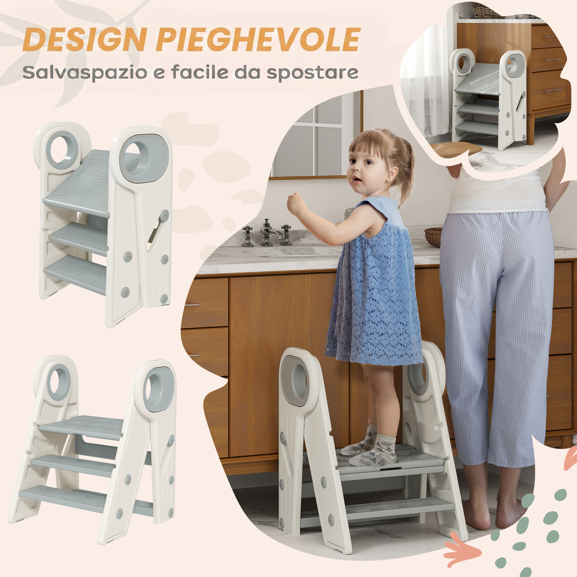 Tour Montessorienne Pliante Enfant 3 Marches Réglables, Poignées Antidérapantes,